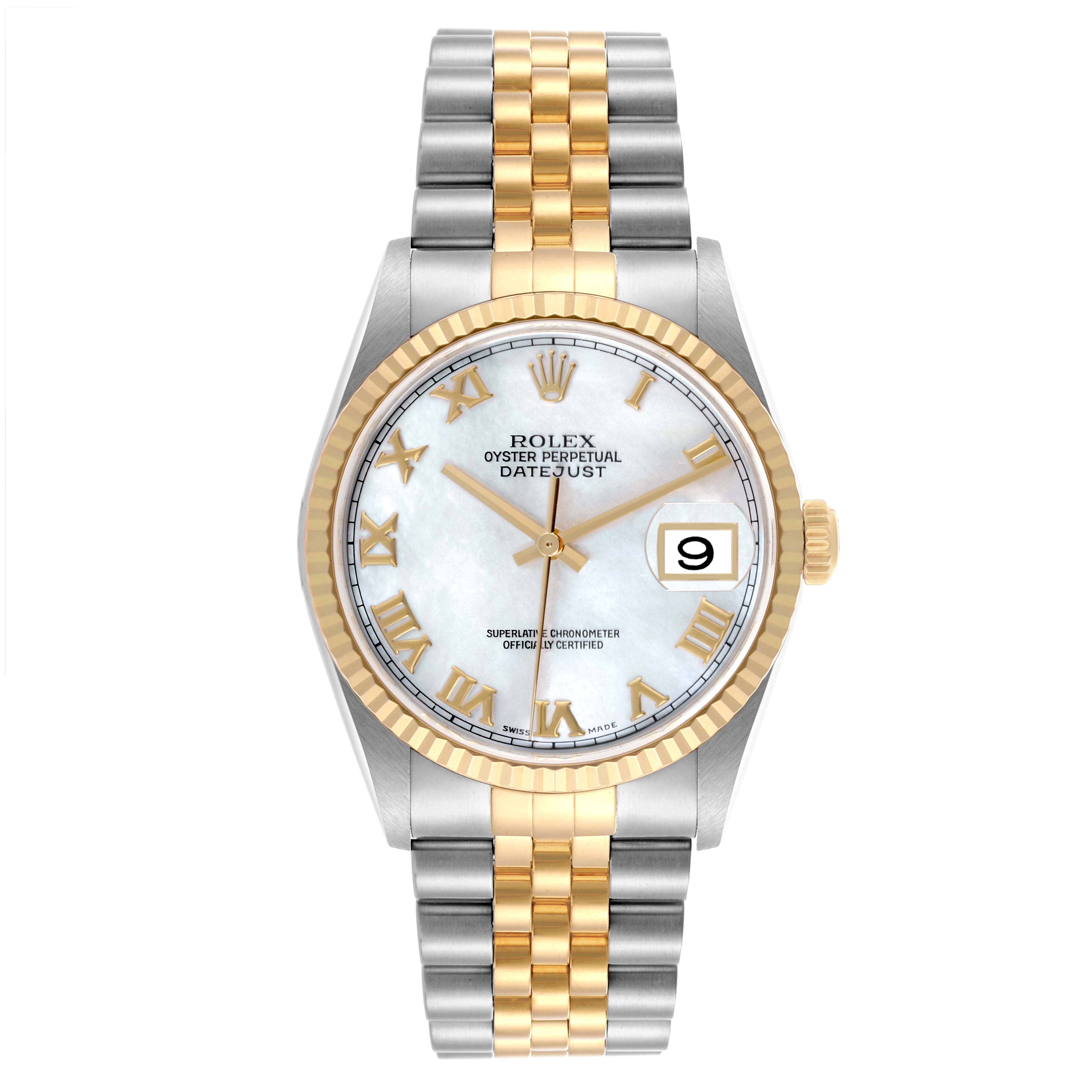The Rolex Datejust 16233 Men's Steel and Gold (two tone) Mother of Pearl Dial 16233 Men's Steel and Gold (two tone) Mother of Pearl Dial watch is shown from a front angle, featuring its dial, bezel, and two-tone bracelet.
