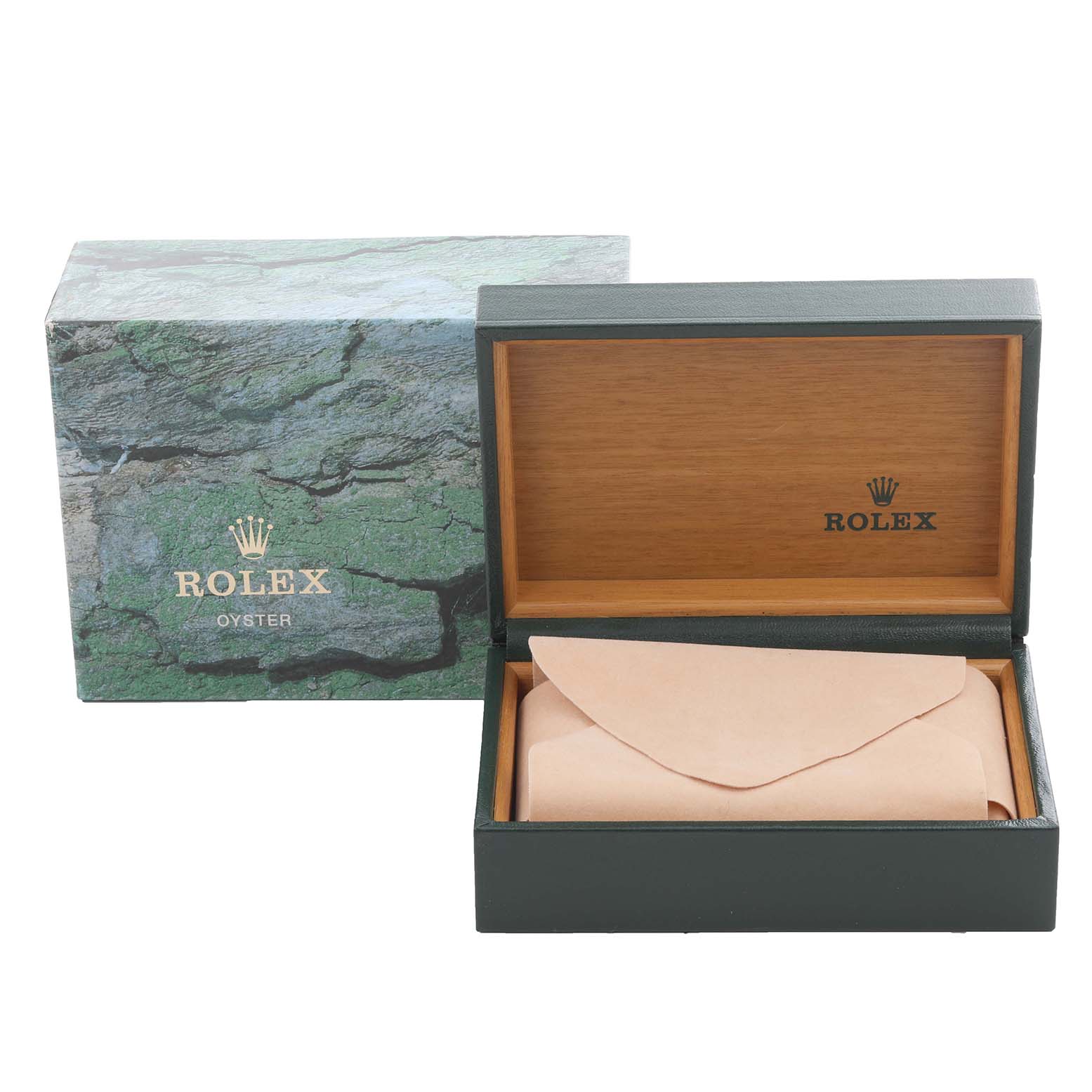 The image shows a Rolex Datejust 16233 Men's Steel and Gold (two tone) Mother of Pearl Dial 16233 Men's Steel and Gold (two tone) Mother of Pearl Dial box, including the outer box and an open inner watch box with a pouch inside.