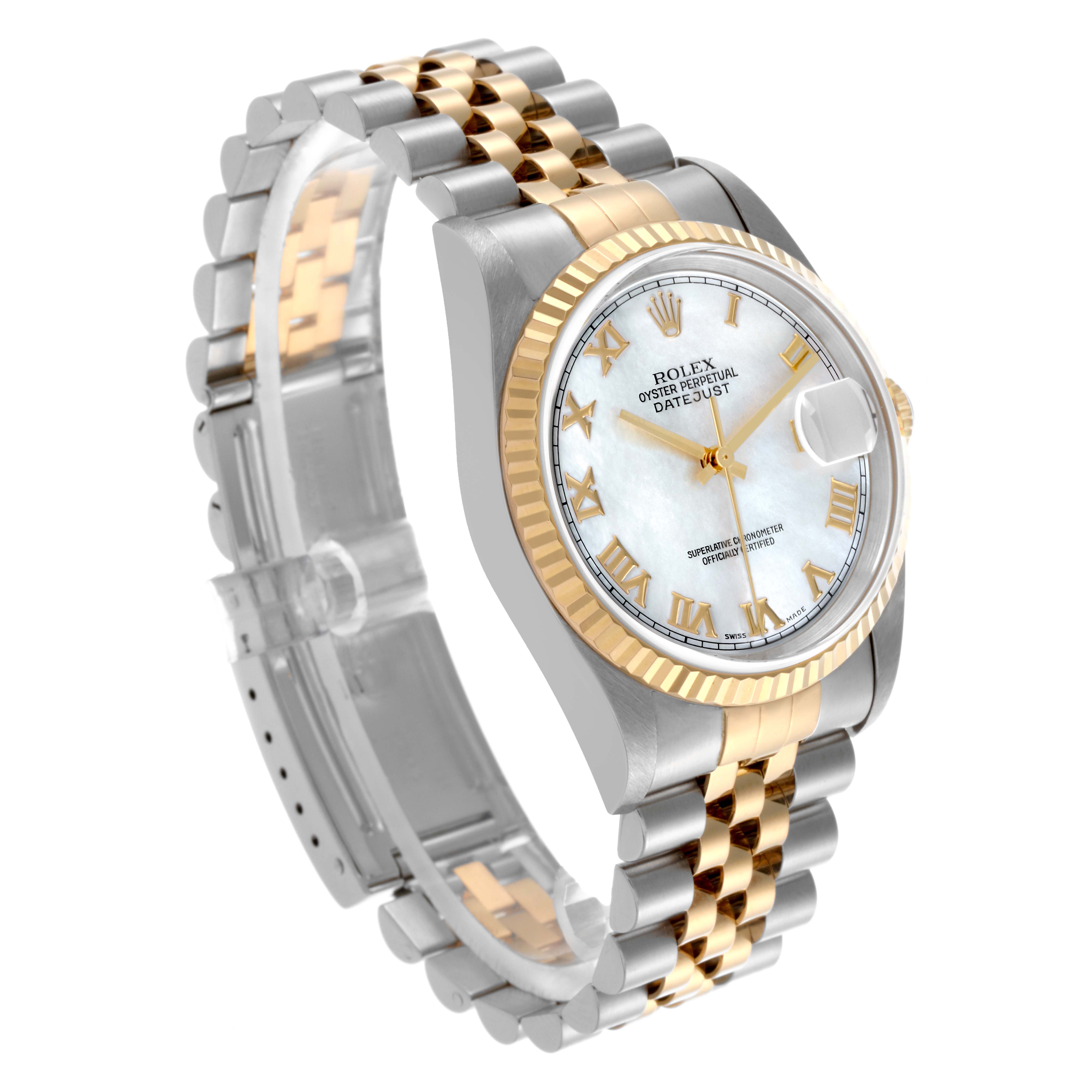 The image shows a Rolex Datejust 16233 Men's Steel and Gold (two tone) Mother of Pearl Dial 16233 Men's Steel and Gold (two tone) Mother of Pearl Dial watch at a three-quarter angle, highlighting the bezel, dial, and Jubilee bracelet.