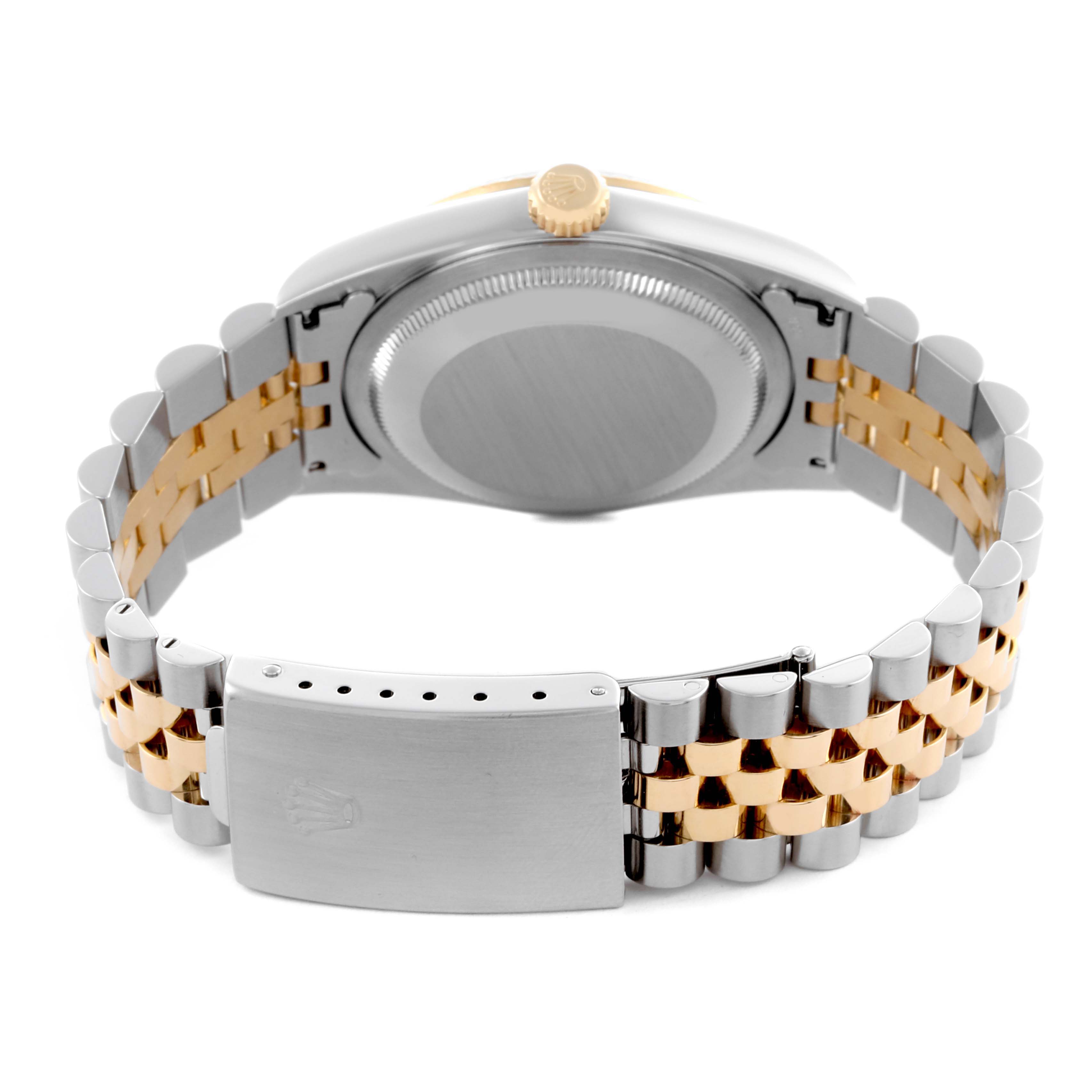 The image shows the back of a Rolex Datejust 16233 Men's Steel and Gold (two tone) Mother of Pearl Dial 16233 Men's Steel and Gold (two tone) Mother of Pearl Dial watch, highlighting its two-tone bracelet and clasp.