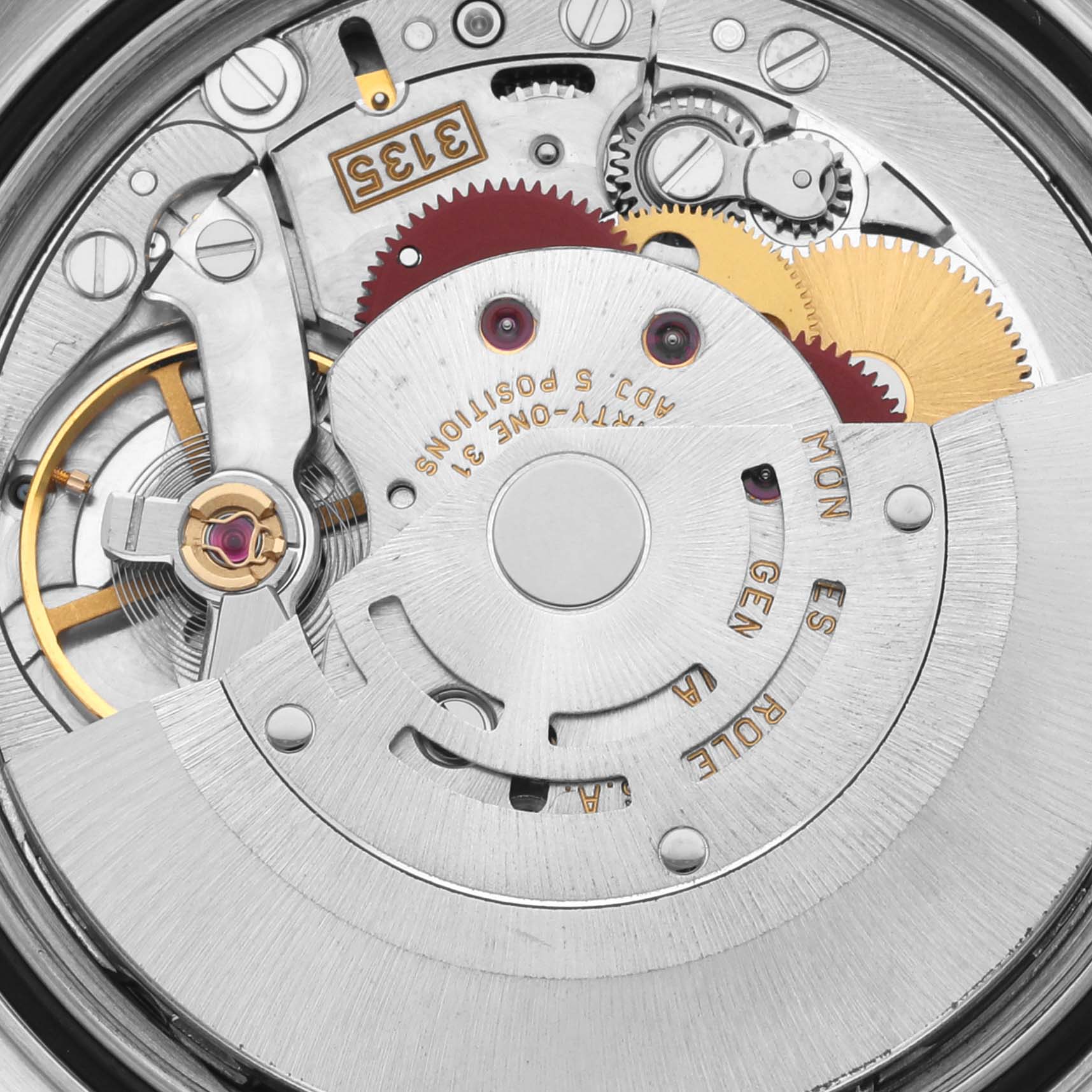 The image shows a close-up of the Rolex Datejust 16233 Men's Steel and Gold (two tone) Mother of Pearl Dial 16233 Men's Steel and Gold (two tone) Mother of Pearl Dial's watch movement with visible gears and rotor, viewed from the back.