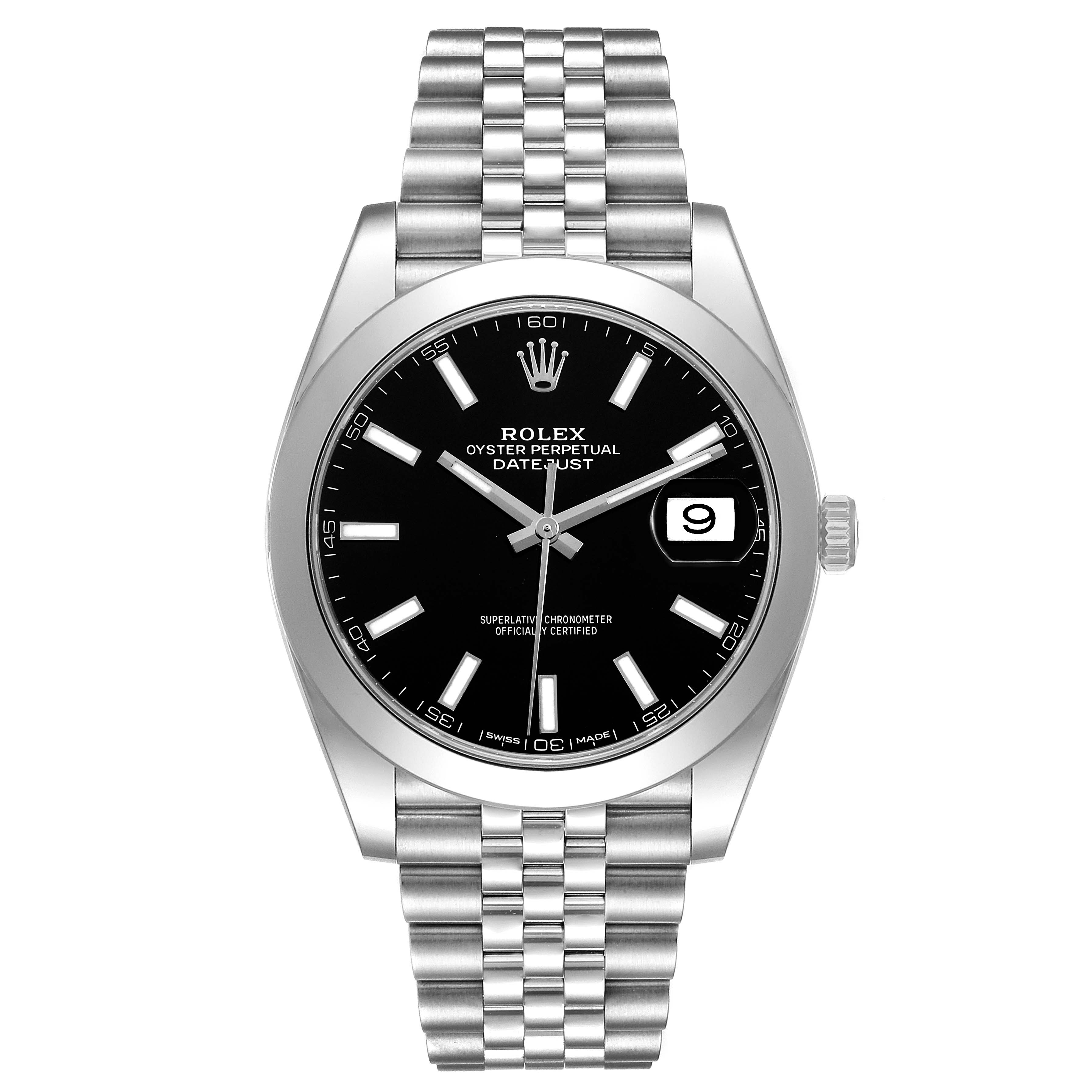The Rolex Datejust 41 ROLEX DATEJUST 41 STEEL BLACK DIAL SMOOTH BEZEL MENS WATCH 126300 Men's Stainless Steel Black Dial watch is shown from a front angle, displaying the dial, bezel, and bracelet.