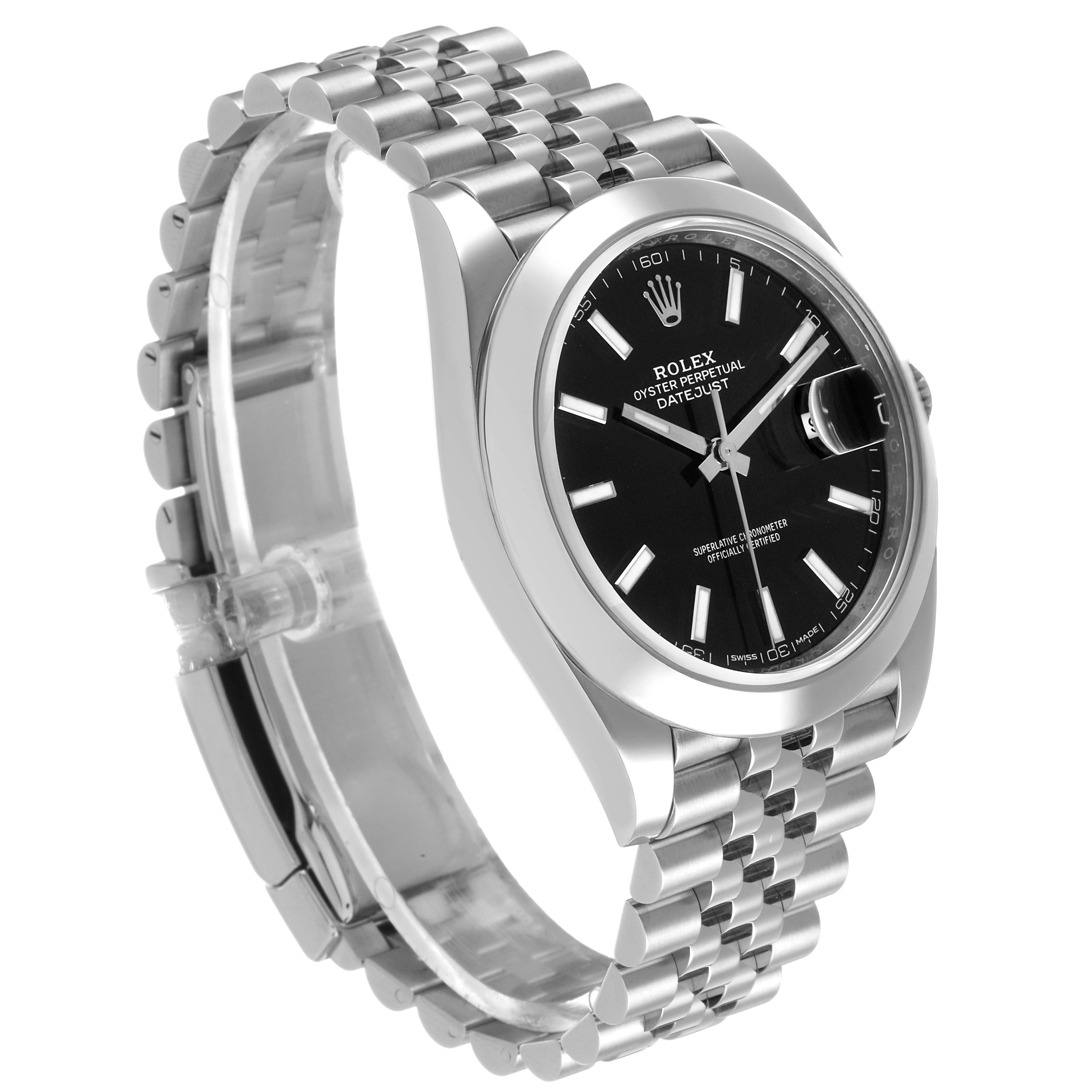 The Rolex Datejust 41 ROLEX DATEJUST 41 STEEL BLACK DIAL SMOOTH BEZEL MENS WATCH 126300 Men's Stainless Steel Black Dial is shown at a slight angle, highlighting the bracelet, dial, and case.