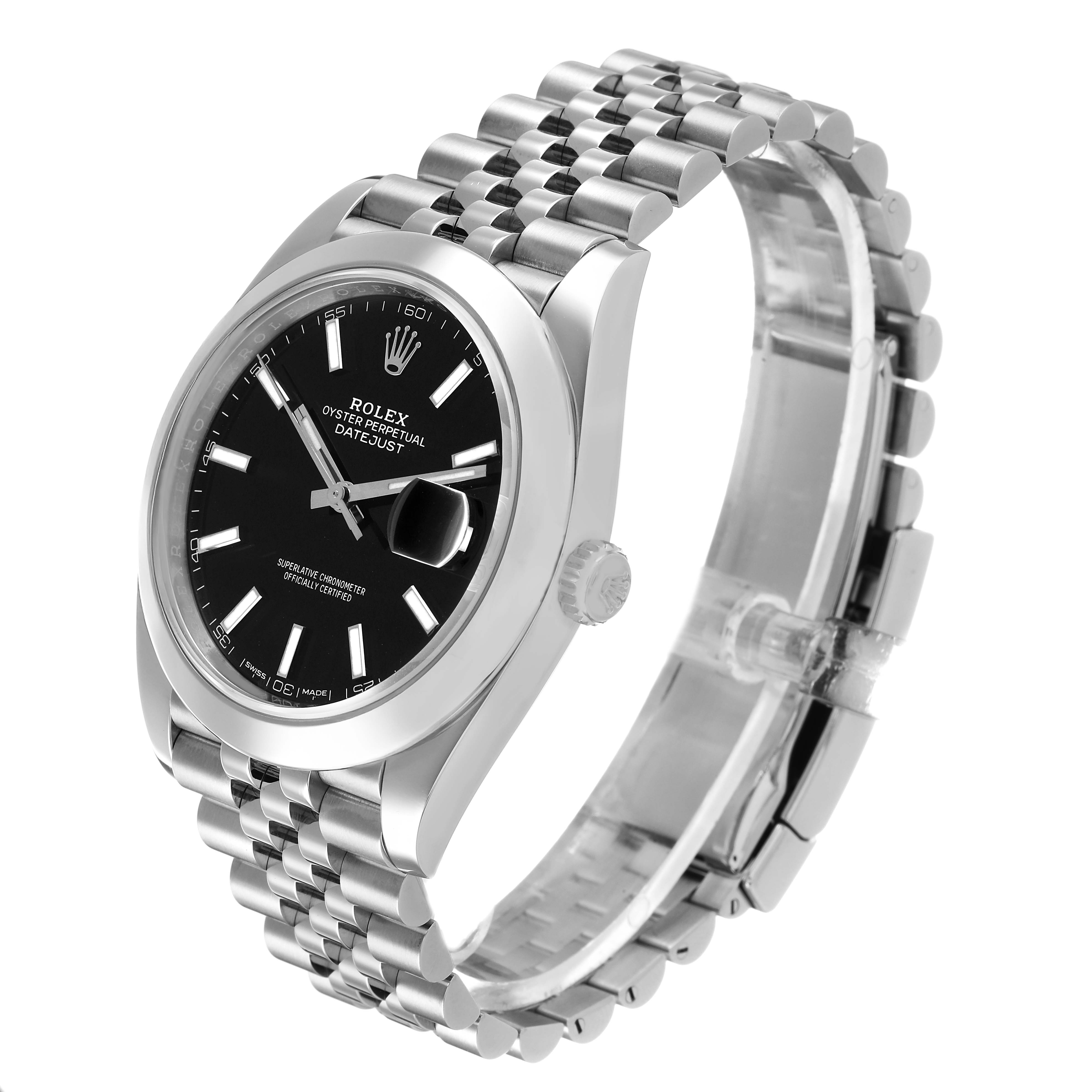 The Rolex Datejust 41 ROLEX DATEJUST 41 STEEL BLACK DIAL SMOOTH BEZEL MENS WATCH 126300 Men's Stainless Steel Black Dial is shown at an angled side view, highlighting the dial, crown, and bracelet.
