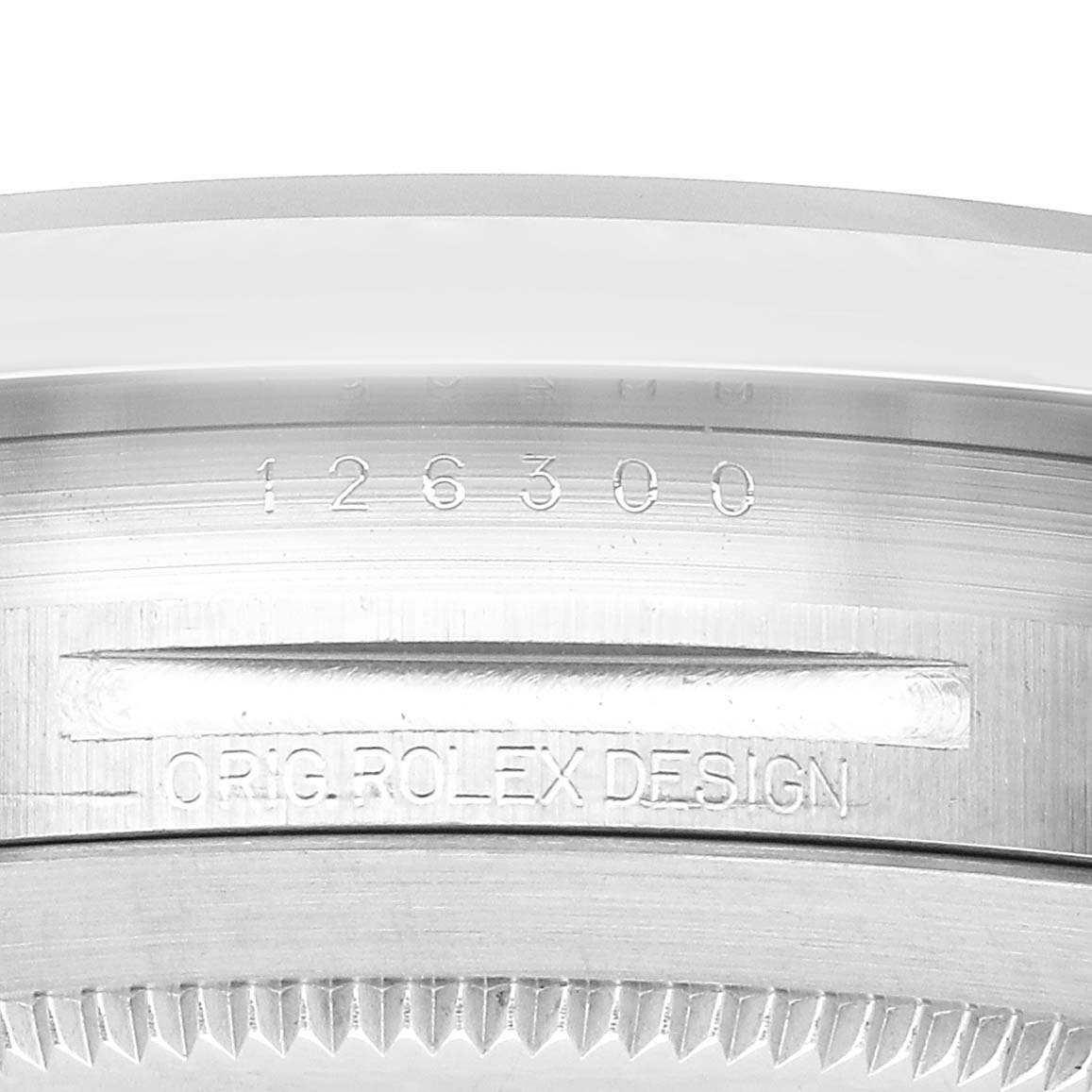 This image shows a close-up of the case edge and engraving of a Rolex Datejust 41 ROLEX DATEJUST 41 STEEL BLACK DIAL SMOOTH BEZEL MENS WATCH 126300 Men's Stainless Steel Black Dial.