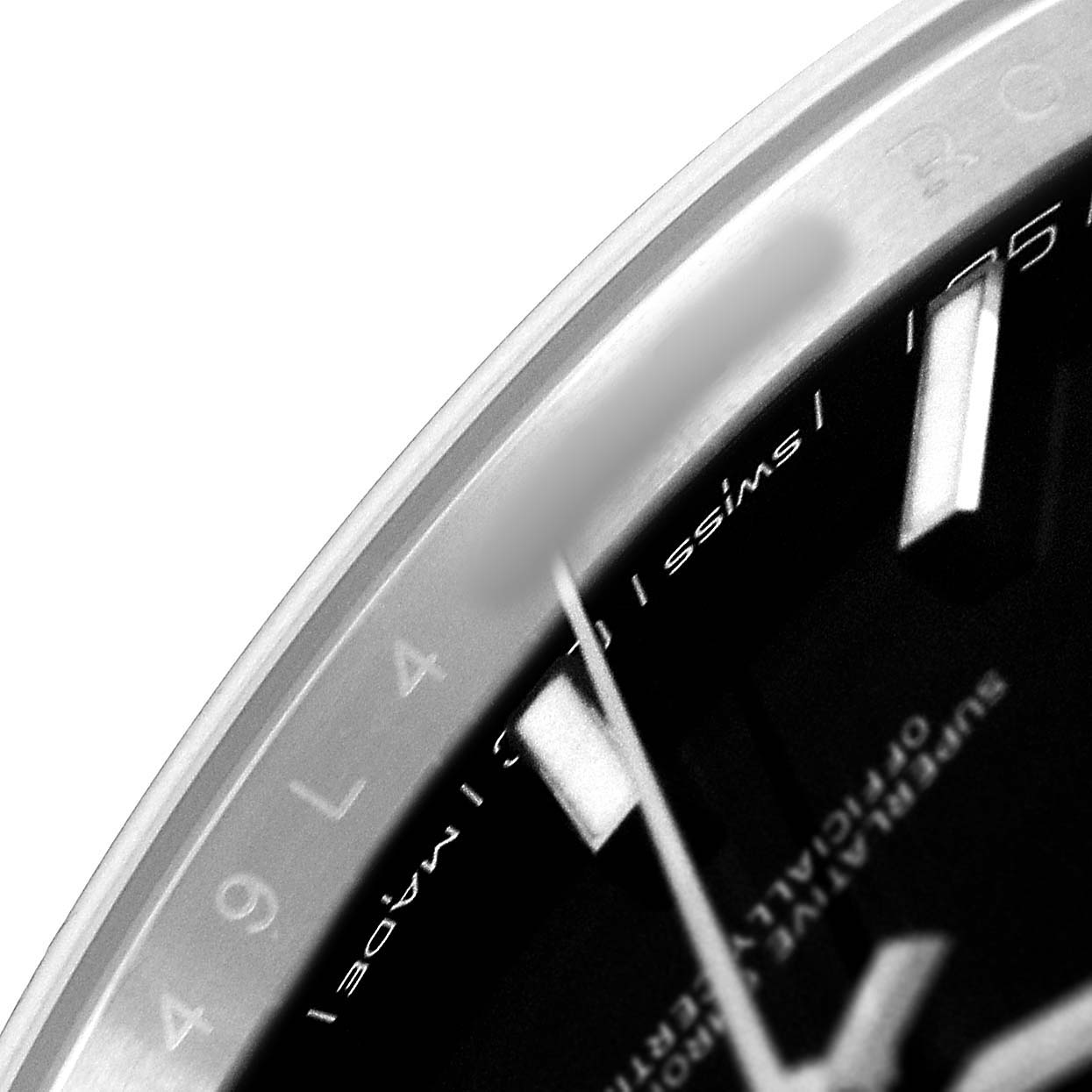 The image shows a close-up of the dial, hands, and part of the bezel of the Rolex Datejust 41 ROLEX DATEJUST 41 STEEL BLACK DIAL SMOOTH BEZEL MENS WATCH 126300 Men's Stainless Steel Black Dial.