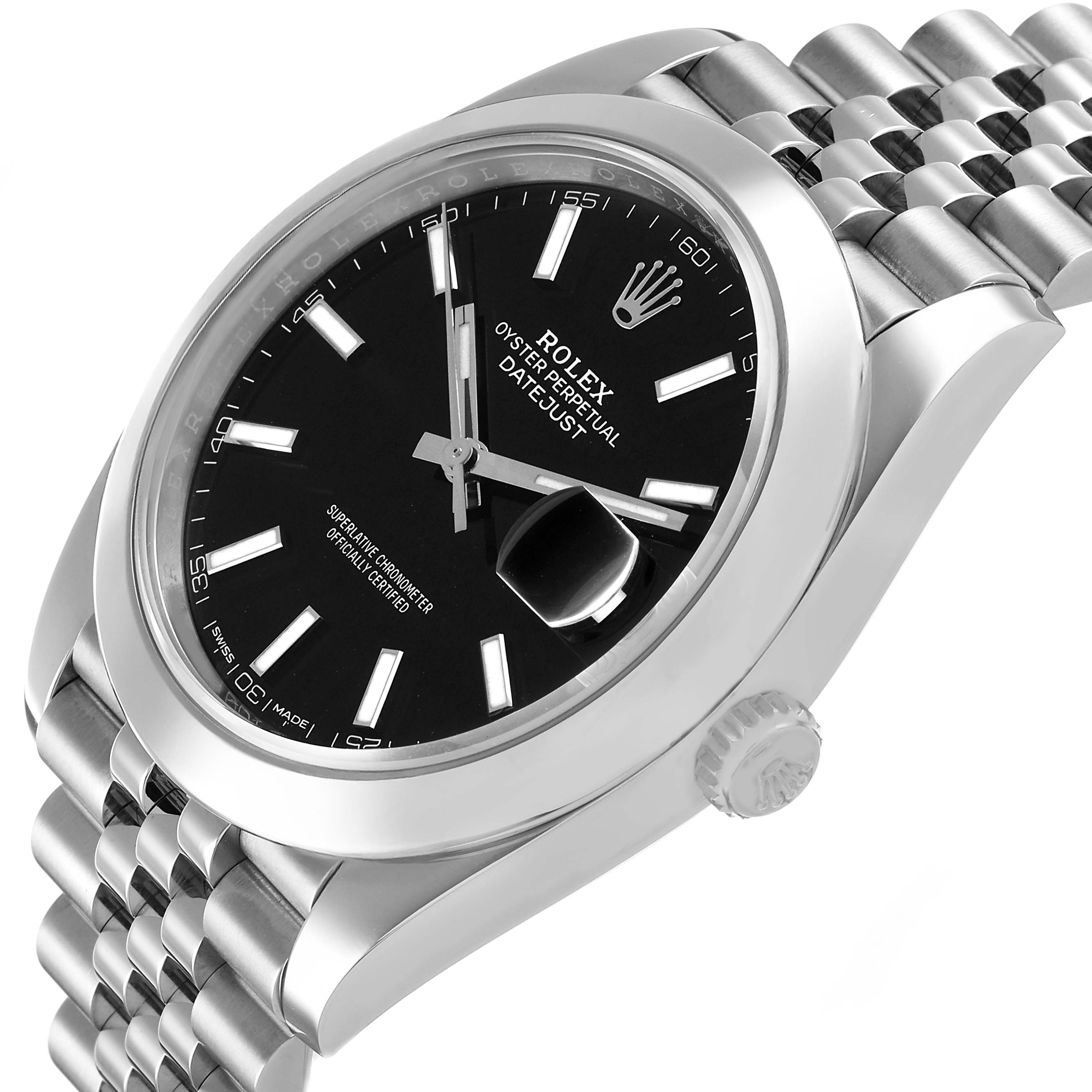 The Rolex Datejust 41 ROLEX DATEJUST 41 STEEL BLACK DIAL SMOOTH BEZEL MENS WATCH 126300 Men's Stainless Steel Black Dial is shown at an angle highlighting the black dial, jubilee bracelet, and crown.