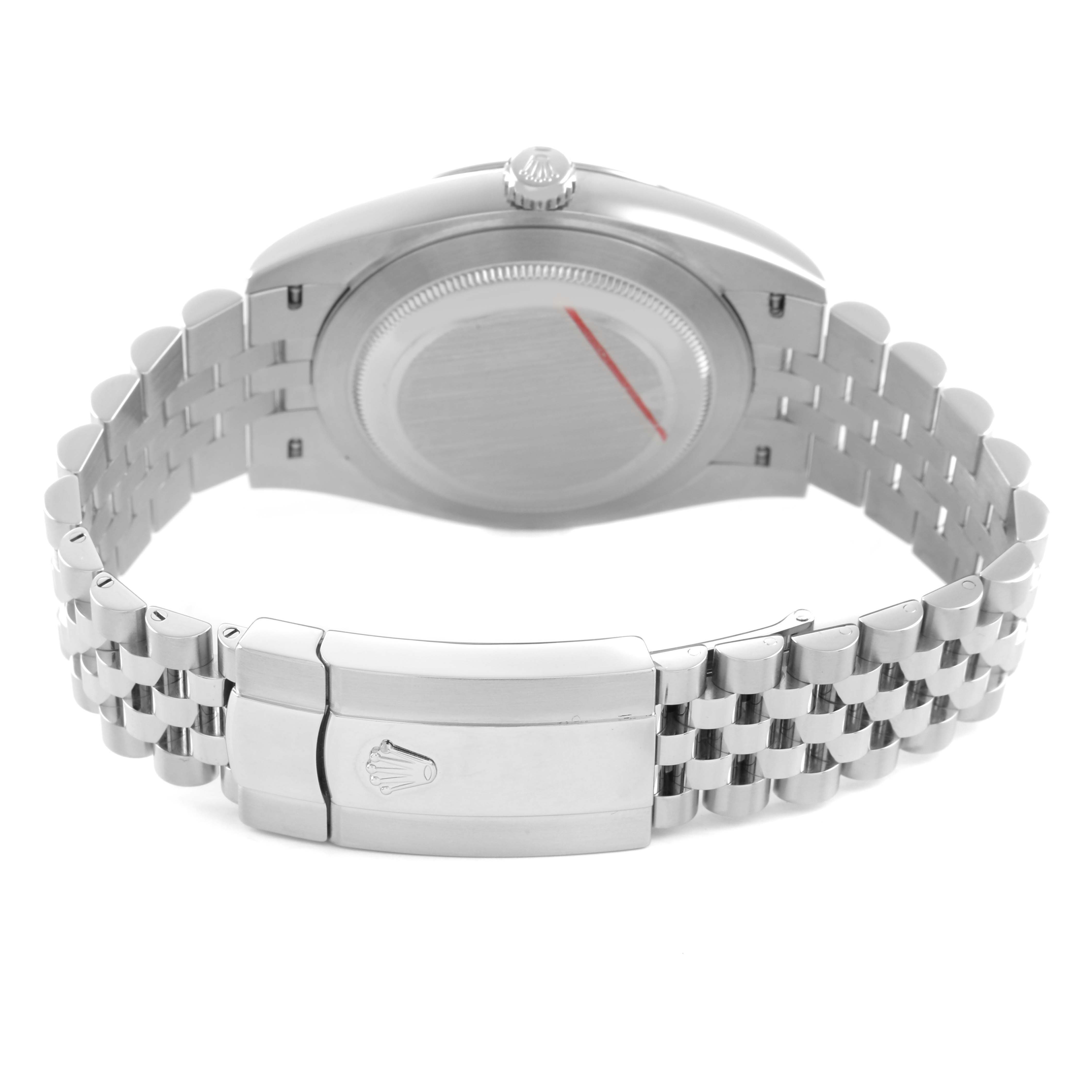 The image shows the back and bracelet of a Rolex Datejust 41 ROLEX DATEJUST 41 STEEL BLACK DIAL SMOOTH BEZEL MENS WATCH 126300 Men's Stainless Steel Black Dial, highlighting the clasp and case back.