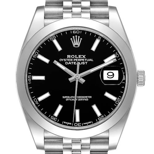 The Rolex Datejust 41 ROLEX DATEJUST 41 STEEL BLACK DIAL SMOOTH BEZEL MENS WATCH 126300 Men's Stainless Steel Black Dial is shown from a front angle, displaying the dial, bezel, bracelet, and crown.