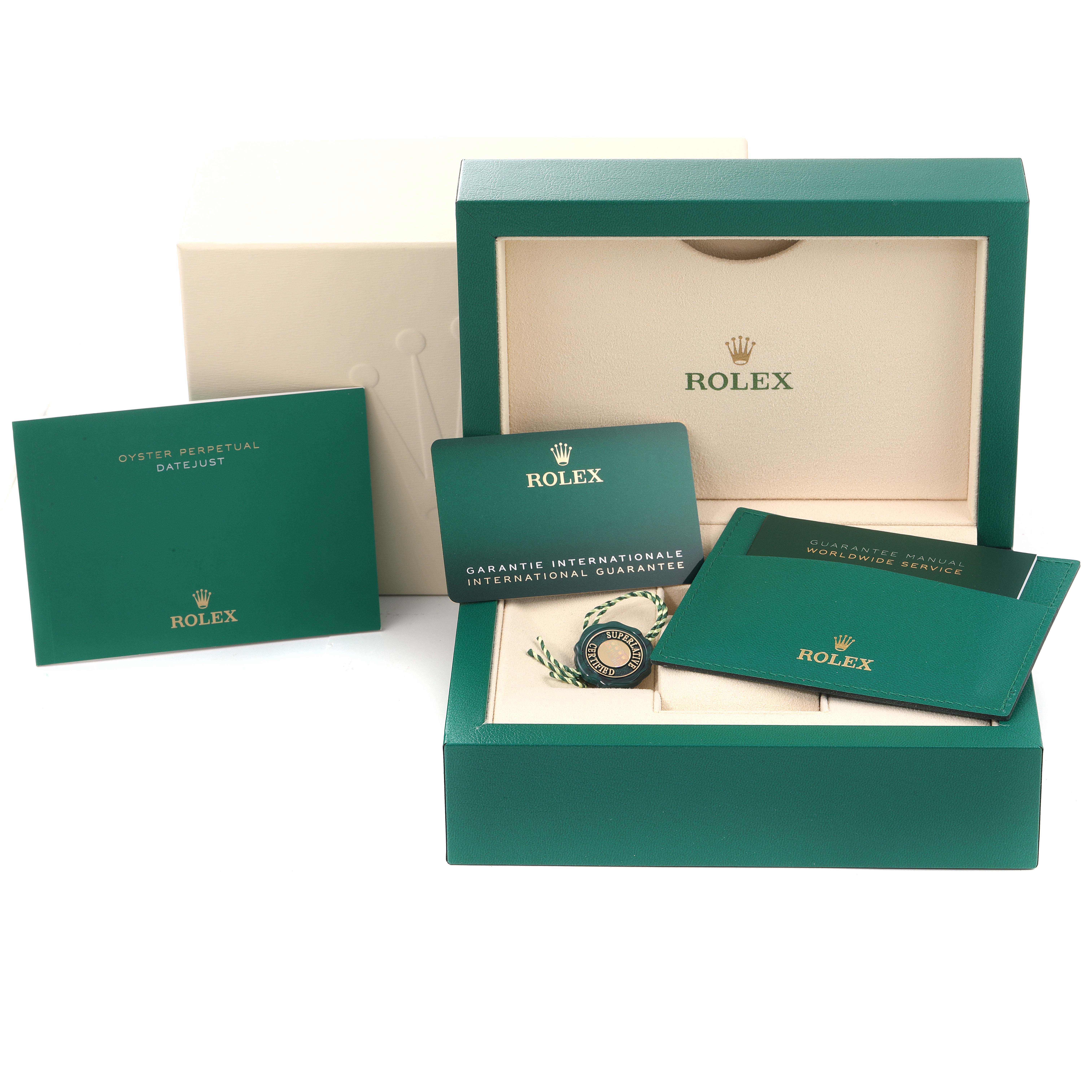 The image shows the packaging, manuals, guarantee card, and tag of a Rolex Datejust 41 126331 Men's Steel and Gold (two tone) Beige Dial 126331 Men's Steel and Gold (two tone) Beige Dial watch.