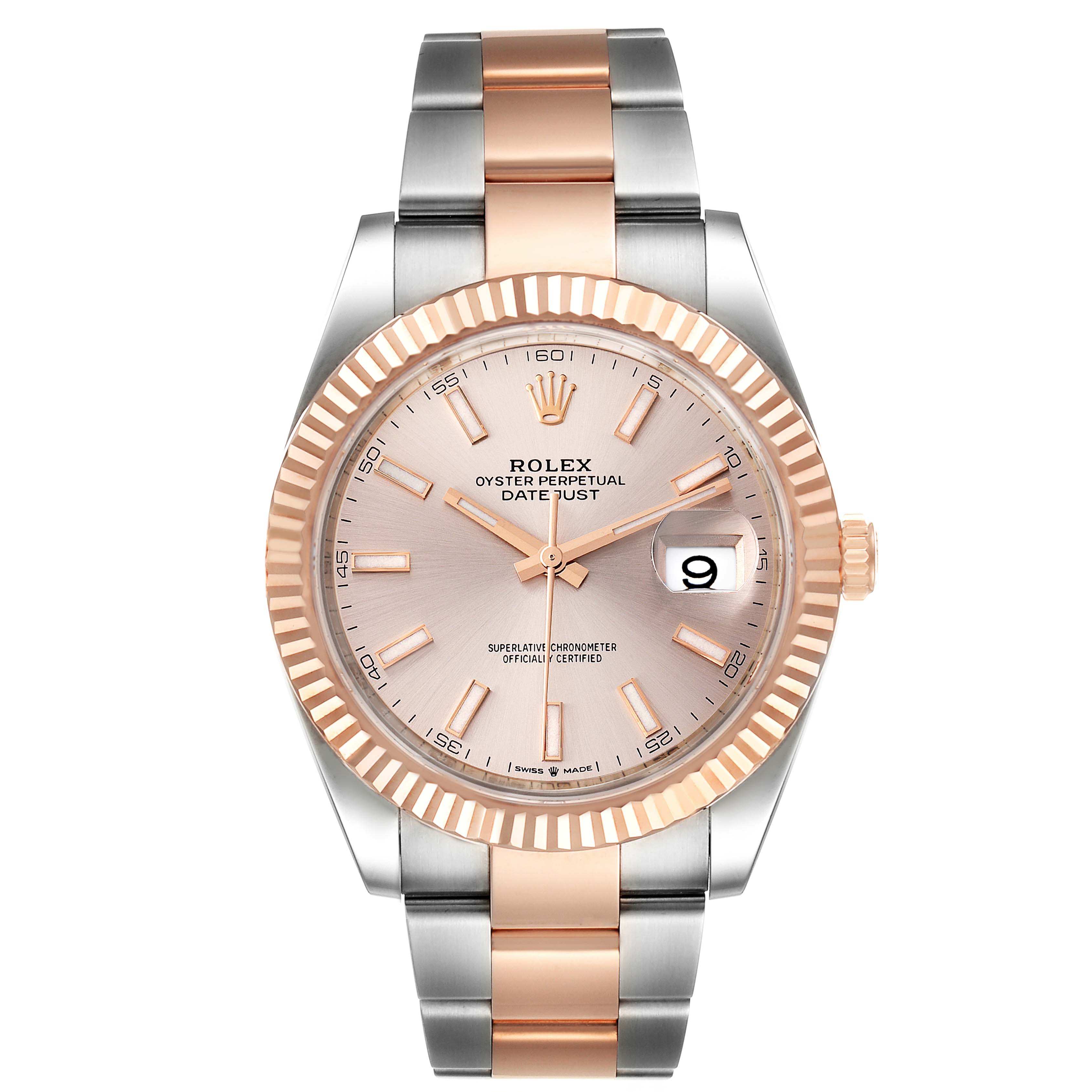 This image shows a front view of a Rolex Datejust 41 126331 Men's Steel and Gold (two tone) Beige Dial 126331 Men's Steel and Gold (two tone) Beige Dial watch, featuring a mixed metal bracelet and fluted bezel.