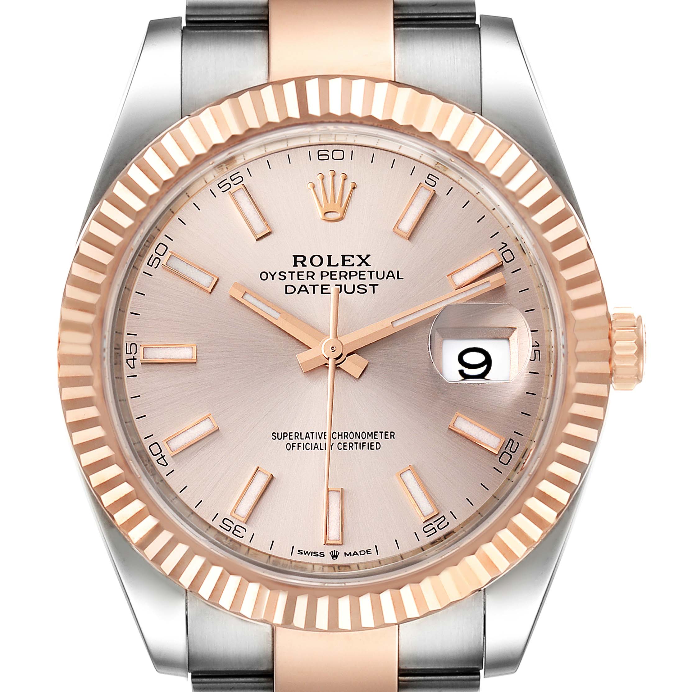 This is a front view of a Rolex Datejust 41 126331 Men's Steel and Gold (two tone) Beige Dial 126331 Men's Steel and Gold (two tone) Beige Dial watch, showing the face, bezel, crown, and part of the bracelet.