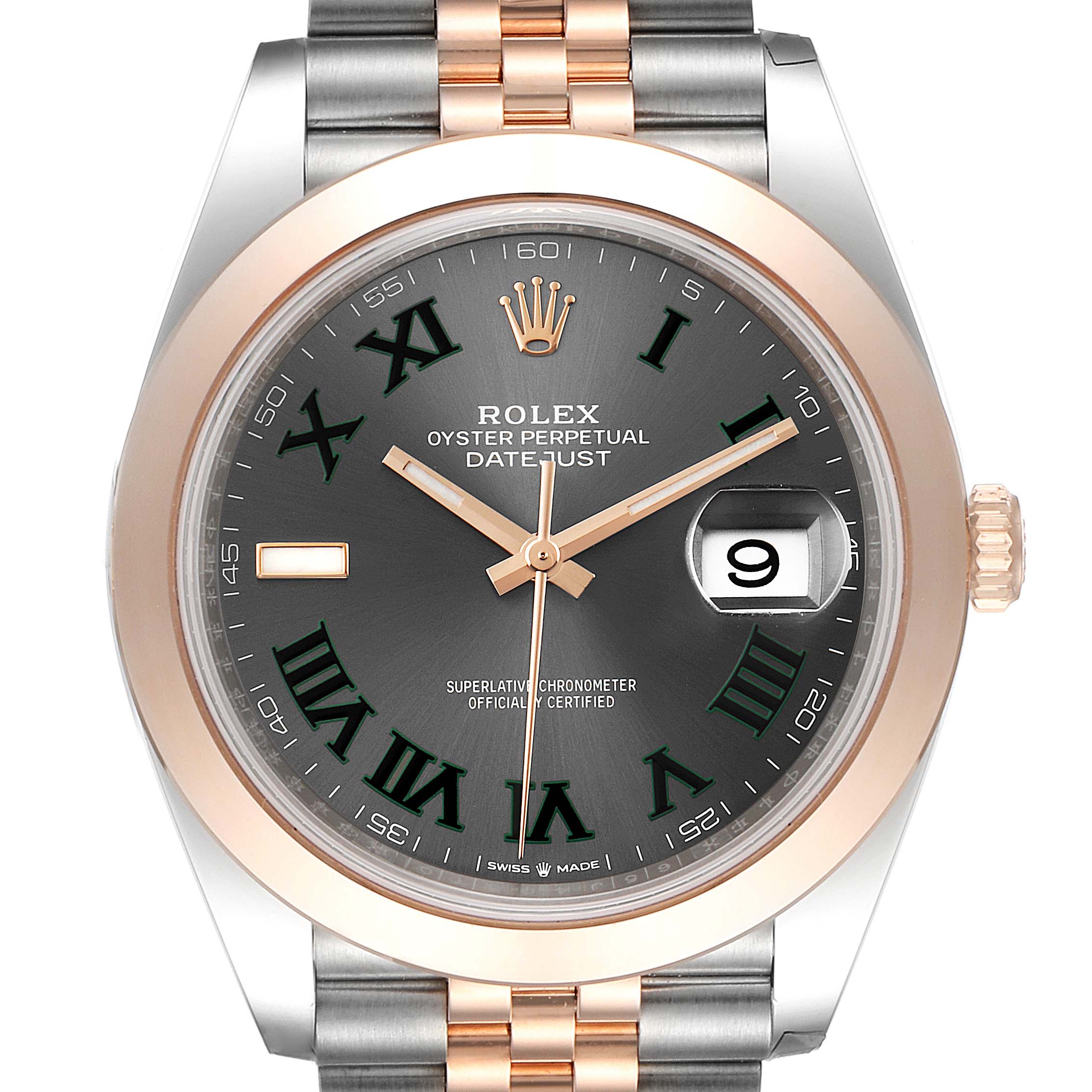 The image shows a frontal view of the Rolex Datejust 41 126301 Men's Rose Gold Grey Dial 126301 Men's Rose Gold Grey Dial watch, highlighting its dial, bezel, and bracelet.