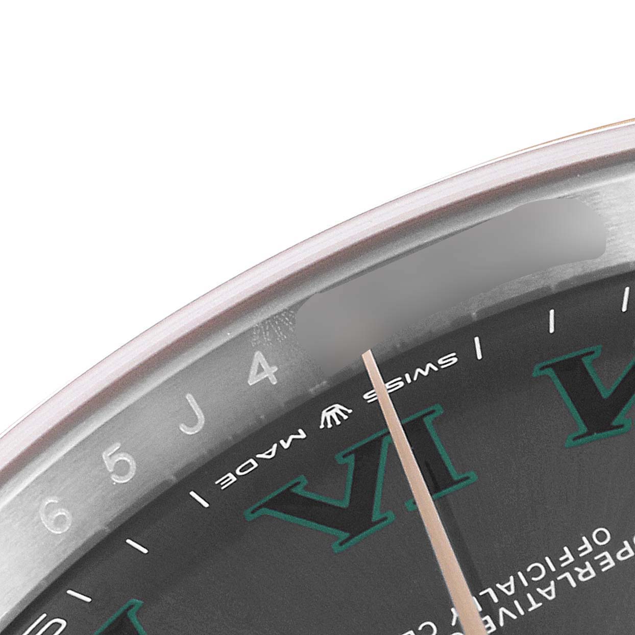 The close-up angle shows part of the dial, including the bezel, markings, and hand of the Rolex Datejust 41 126301 Men's Rose Gold Grey Dial 126301 Men's Rose Gold Grey Dial watch.