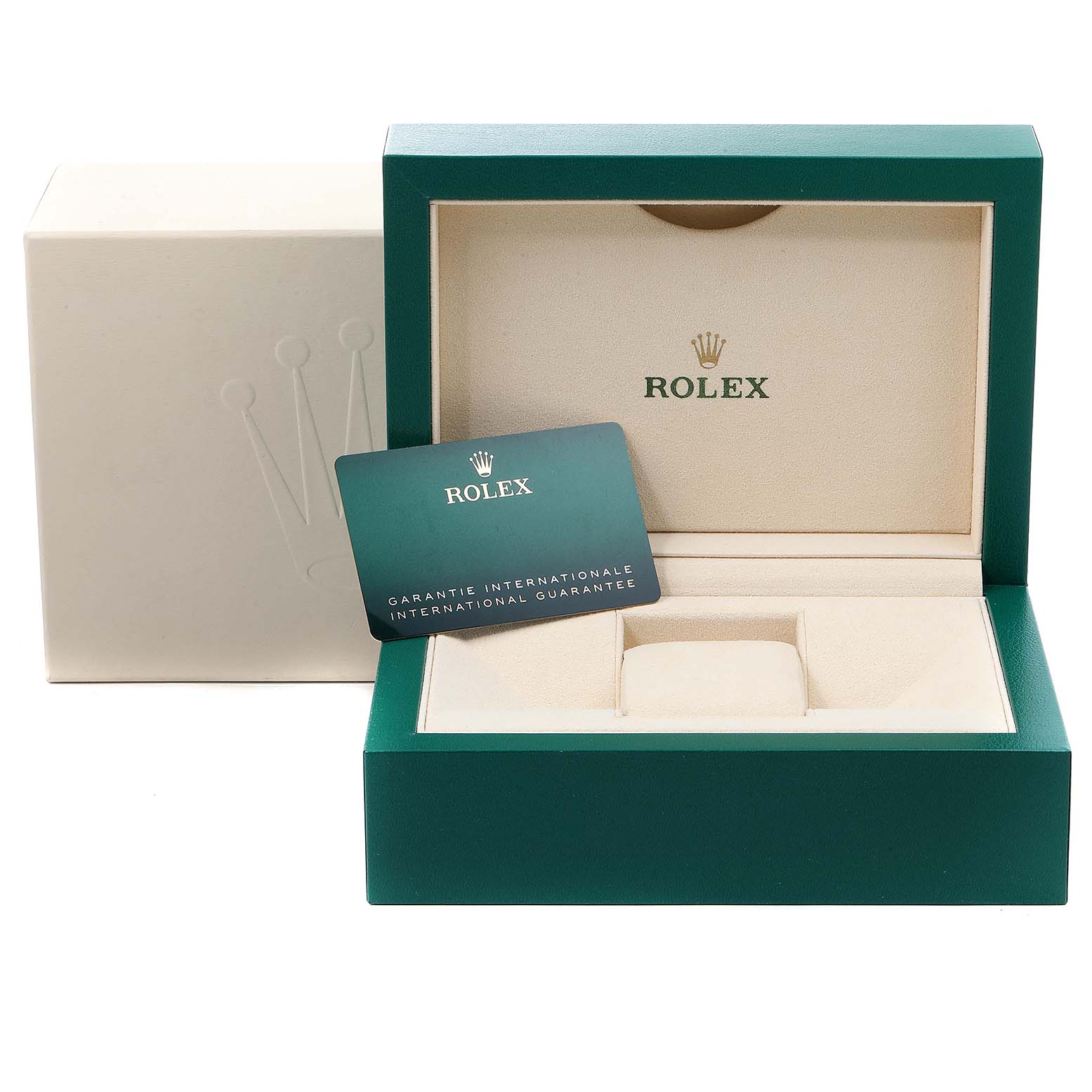 The image shows the packaging box for a Rolex Datejust 41 126301 Men's Rose Gold Grey Dial 126301 Men's Rose Gold Grey Dial model, including the green box, white outer box, and warranty card.