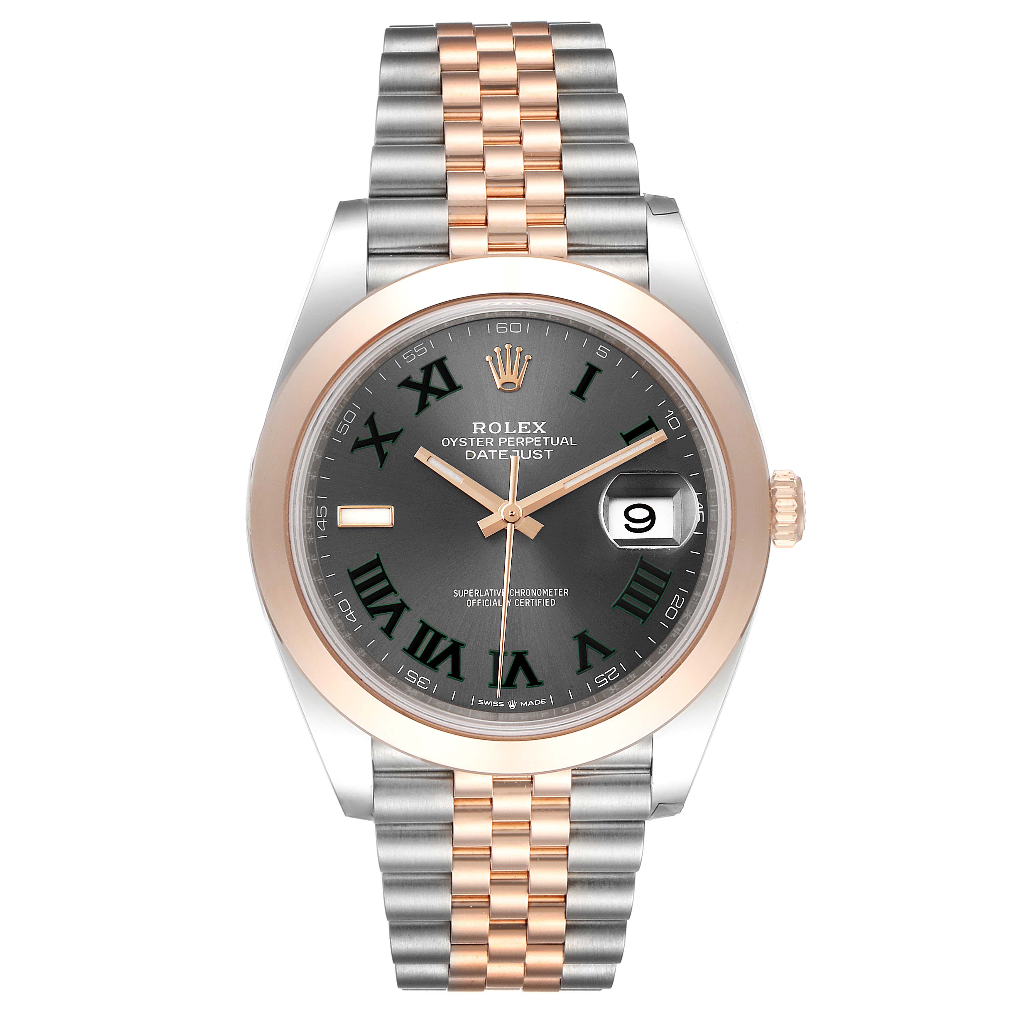 This image displays a Rolex Datejust 41 126301 Men's Rose Gold Grey Dial 126301 Men's Rose Gold Grey Dial watch from a front angle, featuring a two-tone bracelet, a black dial, and a date display.