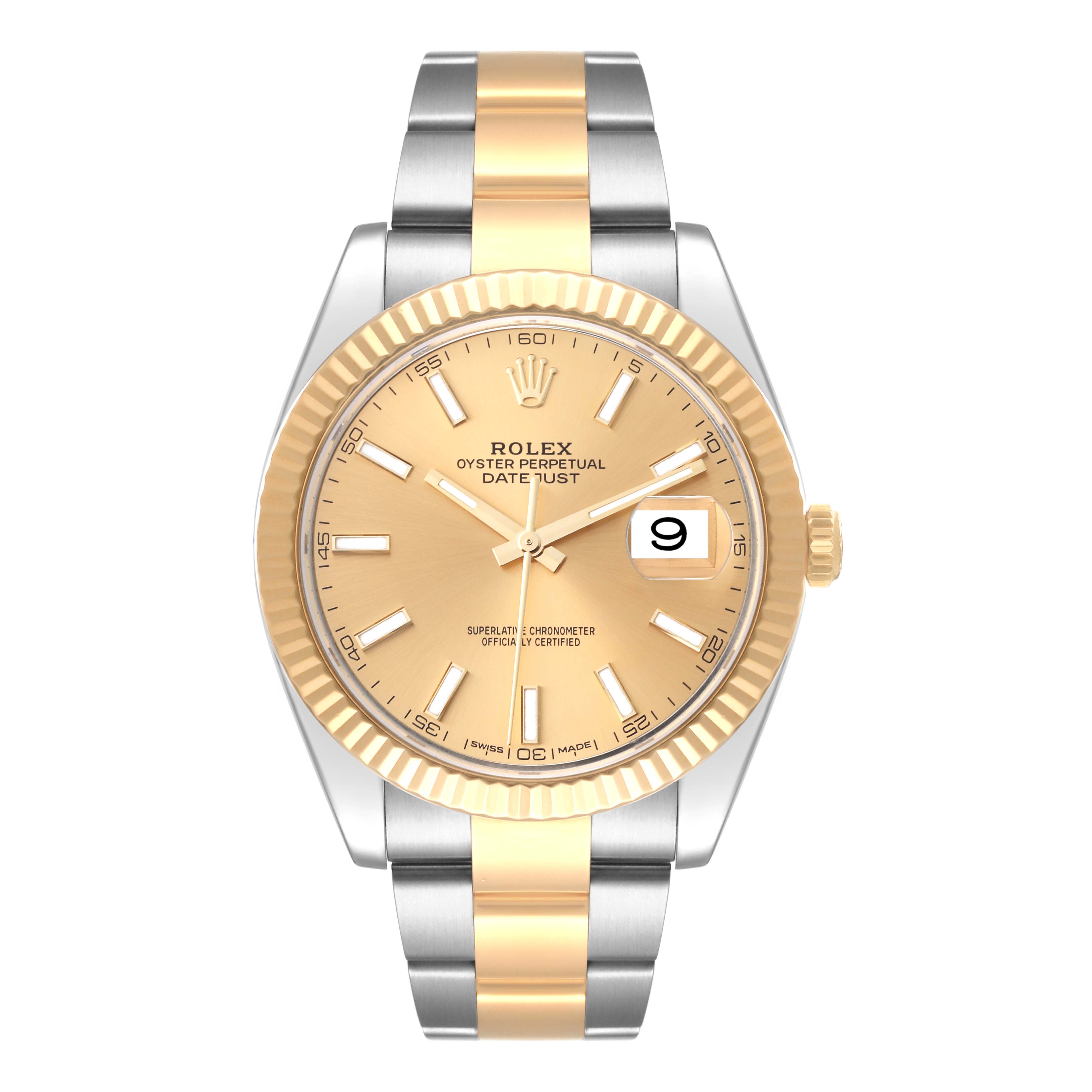 The Rolex Datejust 41 126333 Men's Steel and Gold (two tone) Champagne Dial is shown from the front, displaying the dial, bezel, and bracelet.