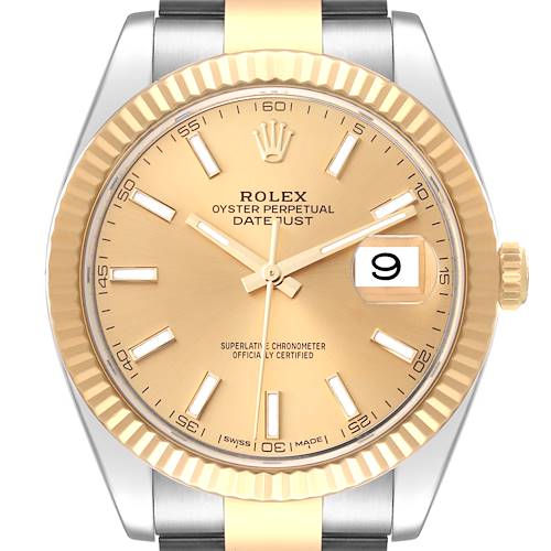 The Rolex Datejust 41 126333 Men's Steel and Gold (two tone) Champagne Dial watch is shown from the front, highlighting its gold dial, fluted bezel, and two-tone bracelet.