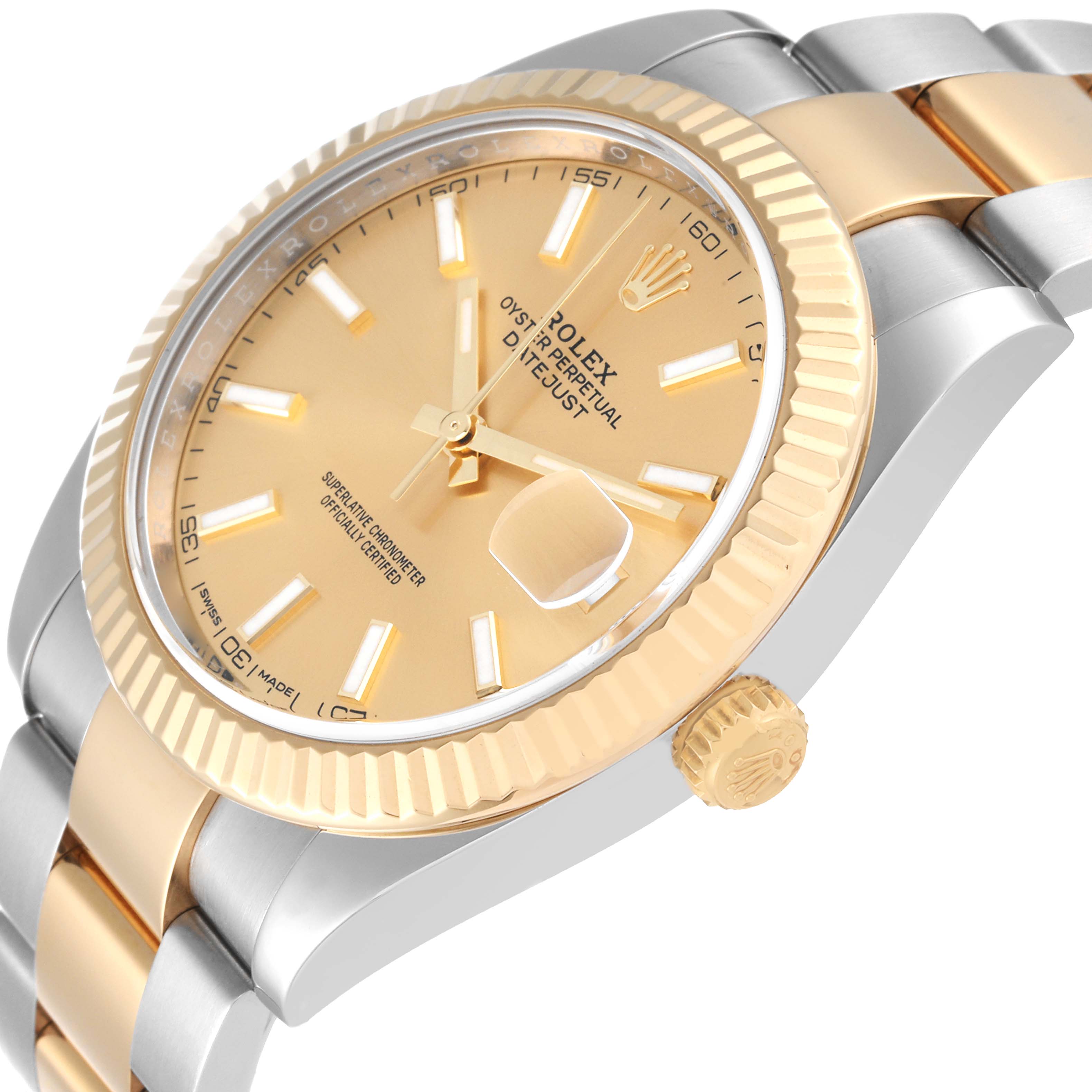 The Rolex Datejust 41 126333 Men's Steel and Gold (two tone) Champagne Dial is shown at an angled side view, highlighting the dial, fluted bezel, and part of the bracelet.
