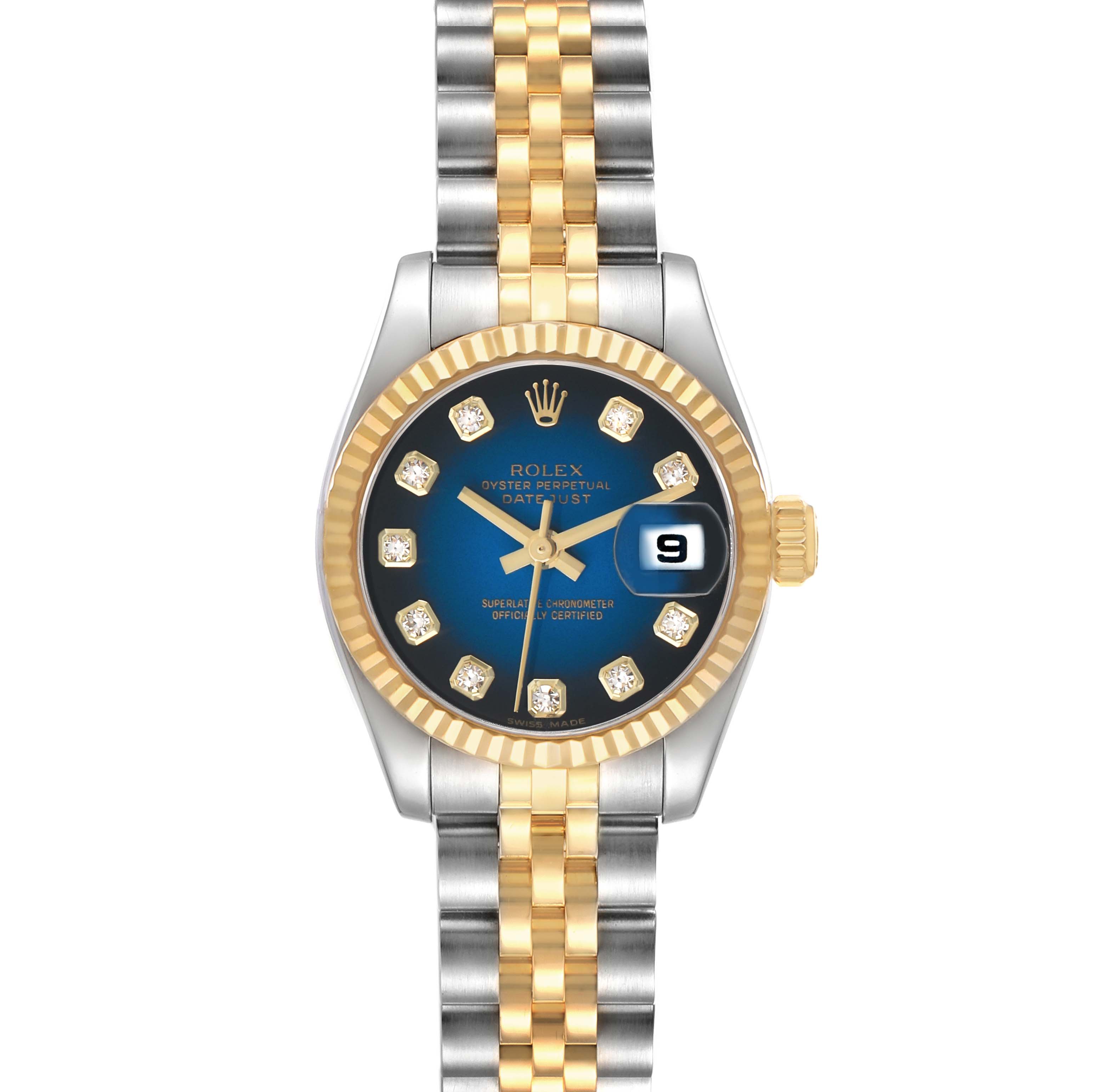 The Rolex Datejust 179173 Women's Steel and Gold (two tone) Blue Dial watch is shown from the front, displaying its bezel, dial, hands, and bracelet.