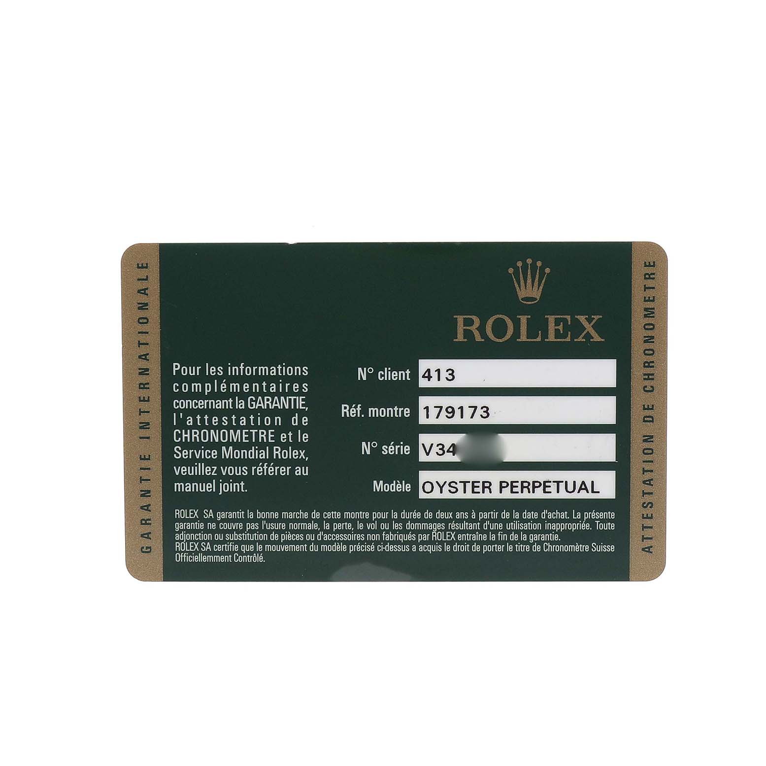 The image shows a Rolex warranty card for an Oyster Perpetual model, not the Datejust watch itself.