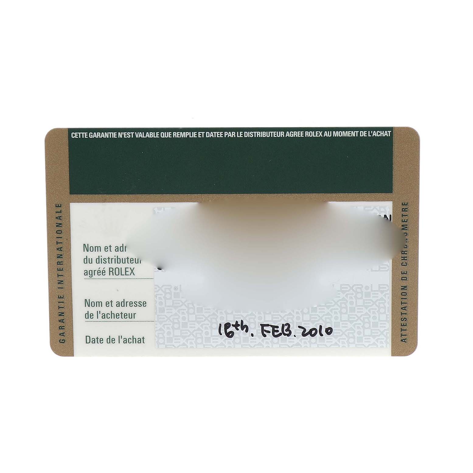 The image shows a warranty card for a Rolex Datejust 179173 Women's Steel and Gold (two tone) Blue Dial, with some details blurred out and a purchase date visible.