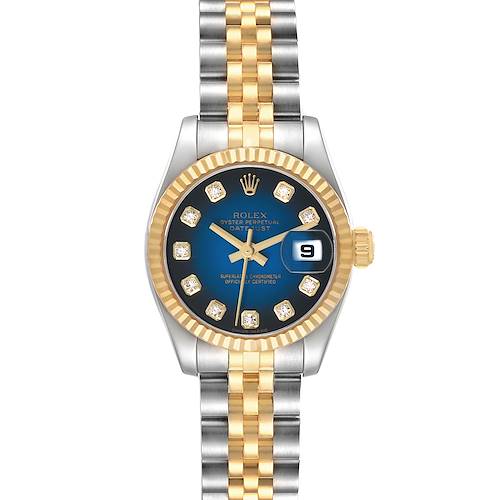 The Rolex Datejust 179173 Women's Steel and Gold (two tone) Blue Dial is shown from a front view, highlighting its blue dial, diamond hour markers, gold fluted bezel, and two-tone bracelet.