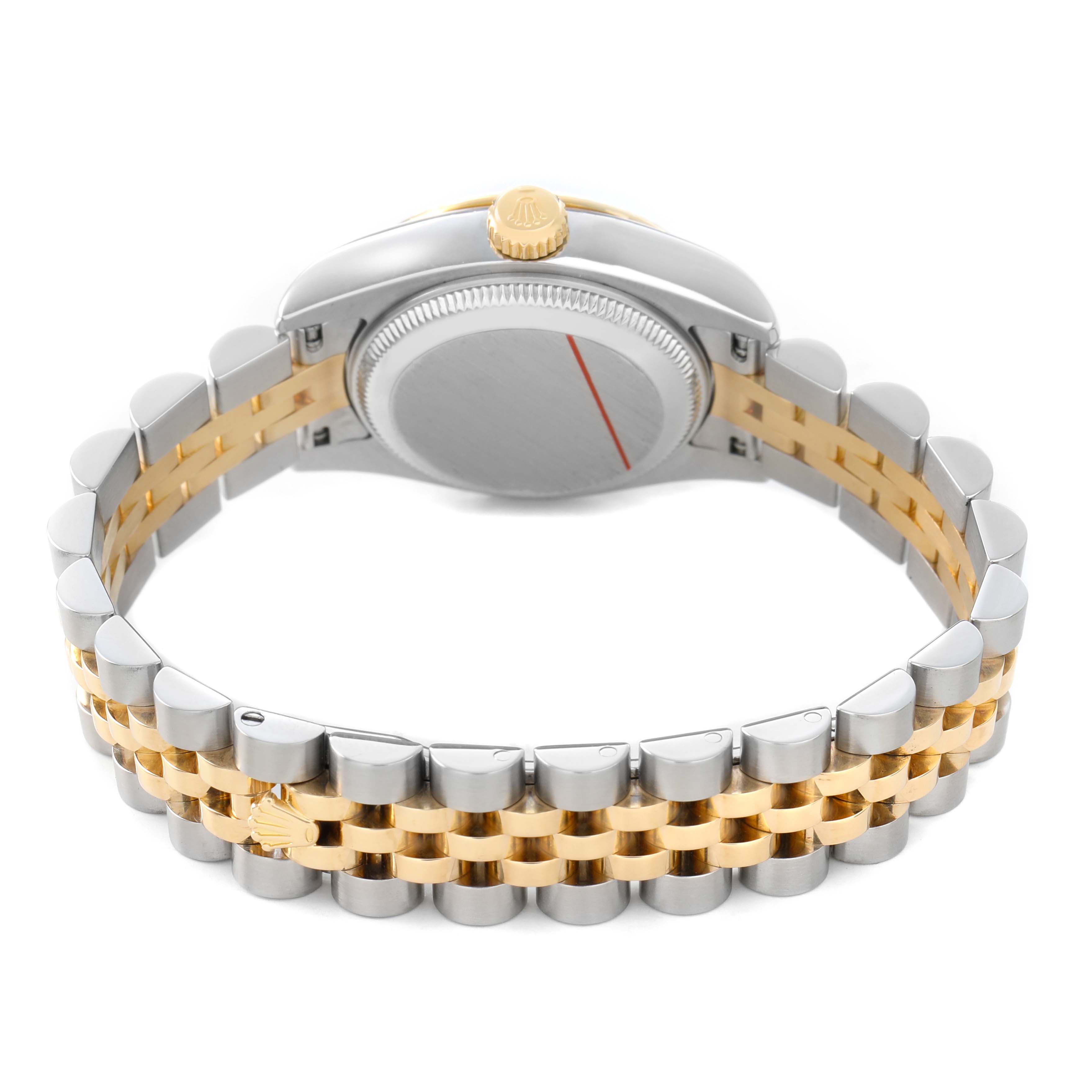 The Rolex Datejust 179173 Women's Steel and Gold (two tone) Blue Dial is shown from the back, highlighting the case back, crown, and two-tone bracelet.