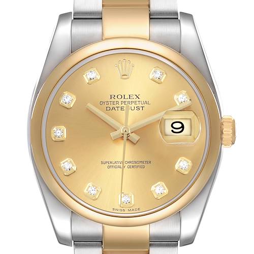 The Rolex Datejust 116203 Men's Steel and Gold (two tone) Champagne Dial watch is shown from the front, highlighting the dial, bezel, crown, and part of the bracelet.