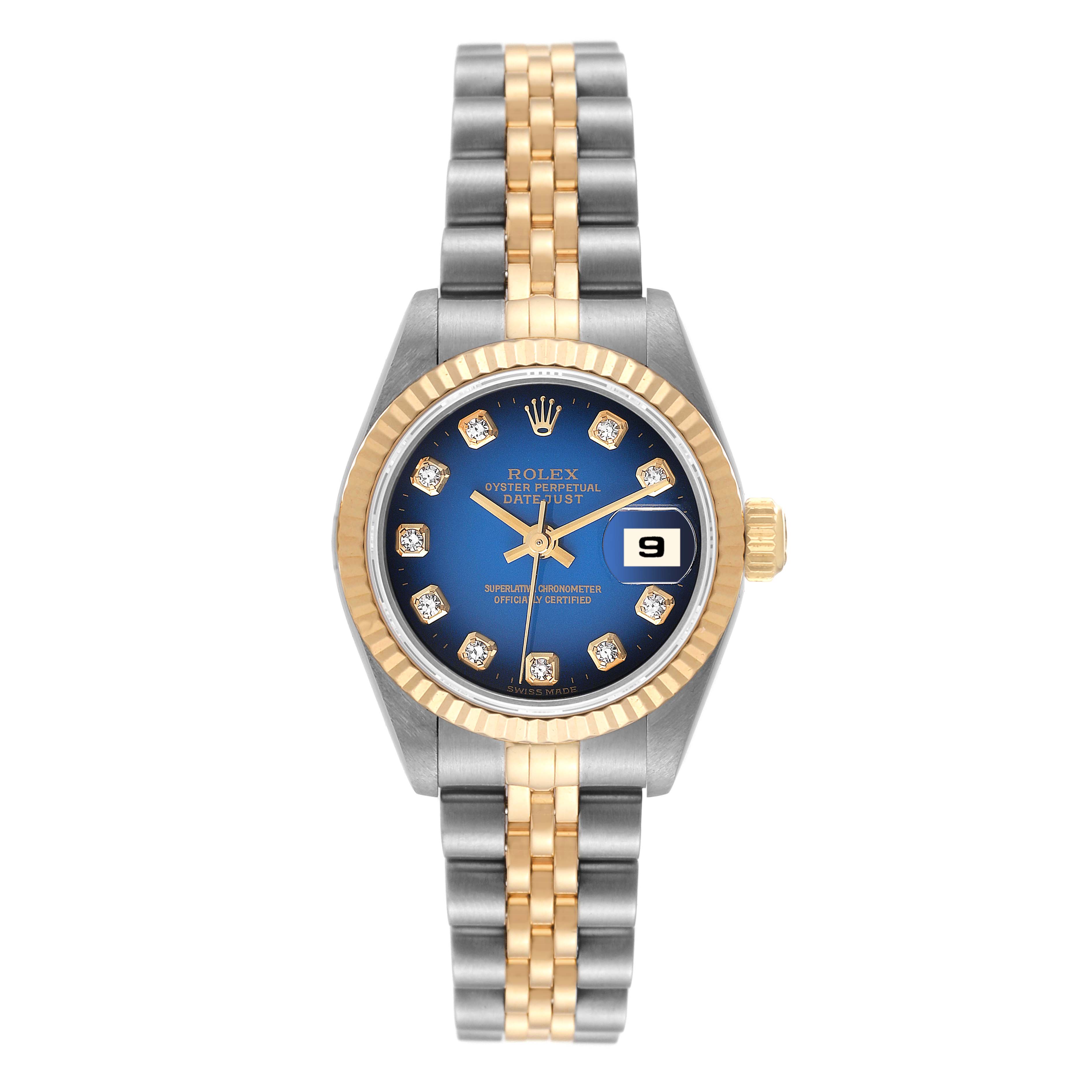 The image shows a frontal view of a Rolex Datejust 69173 Women's Steel and Gold (two tone) Blue Dial 69173 Women's Steel and Gold (two tone) Blue Dial watch, highlighting its dial, bezel, and two-tone bracelet.