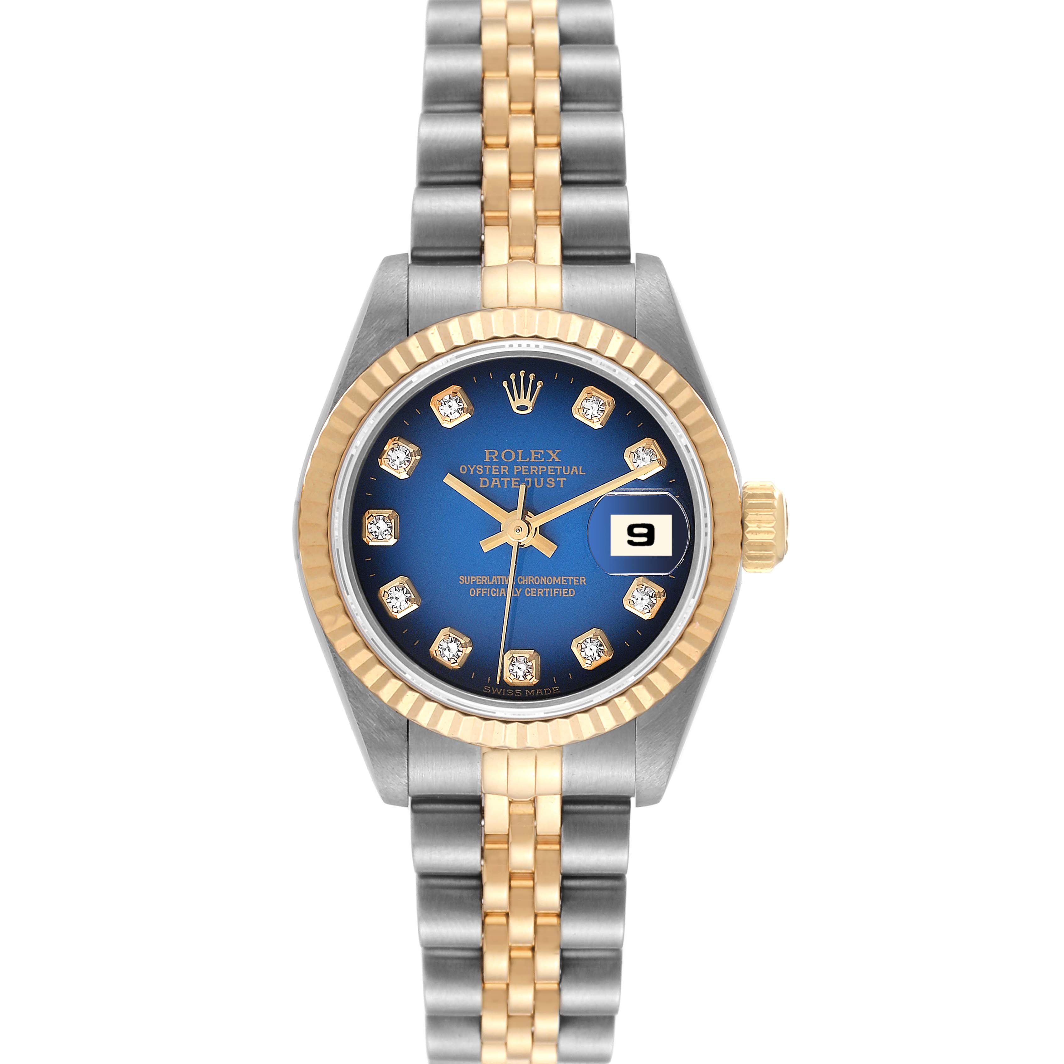 This image shows a top-down view of the Rolex Datejust 69173 Women's Steel and Gold (two tone) Blue Dial 69173 Women's Steel and Gold (two tone) Blue Dial watch, featuring its face, bezel, crown, and part of the bracelet.