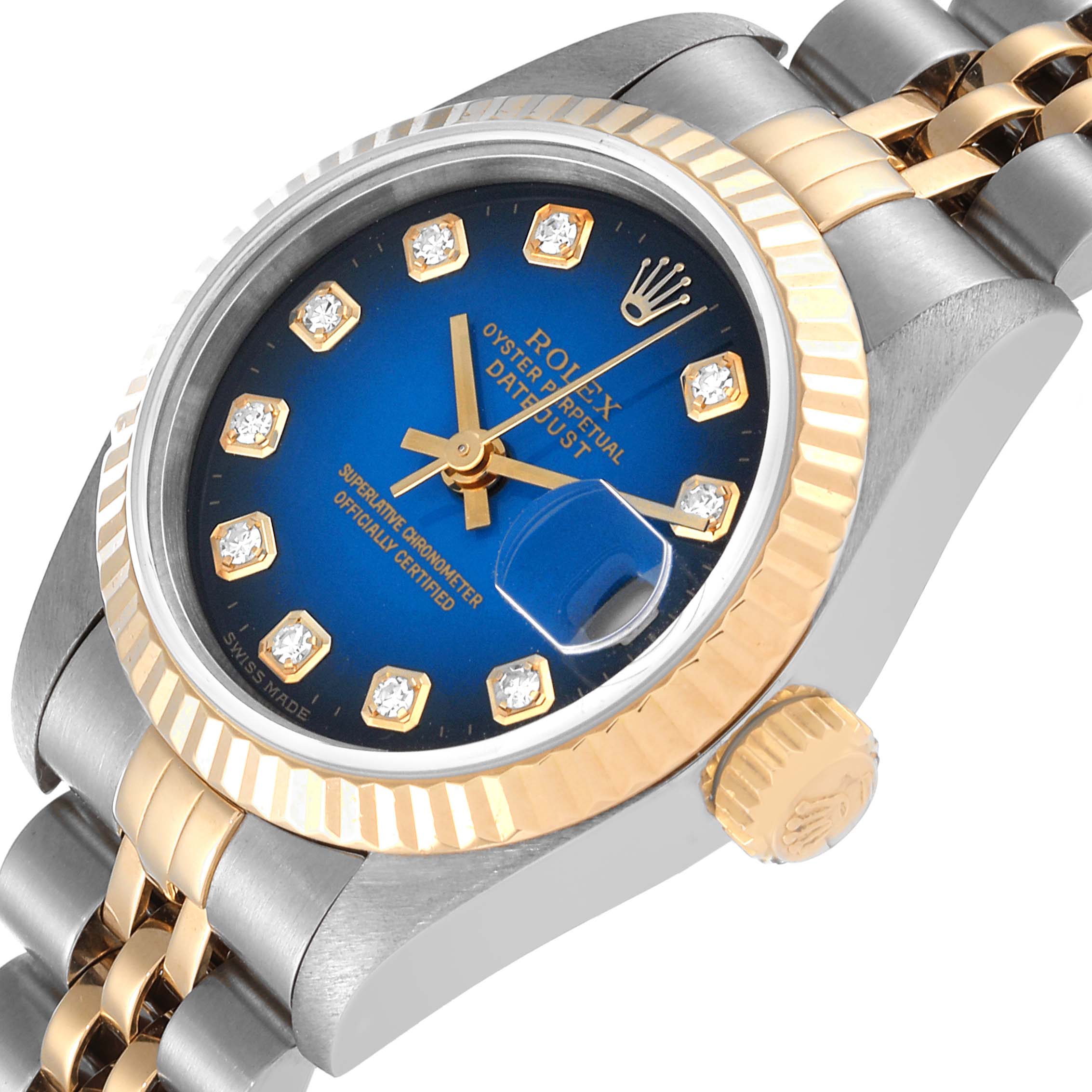 The image shows a close-up angled view of a Rolex Datejust 69173 Women's Steel and Gold (two tone) Blue Dial 69173 Women's Steel and Gold (two tone) Blue Dial watch, highlighting its blue dial, diamond hour markers, and jubilee bracelet.