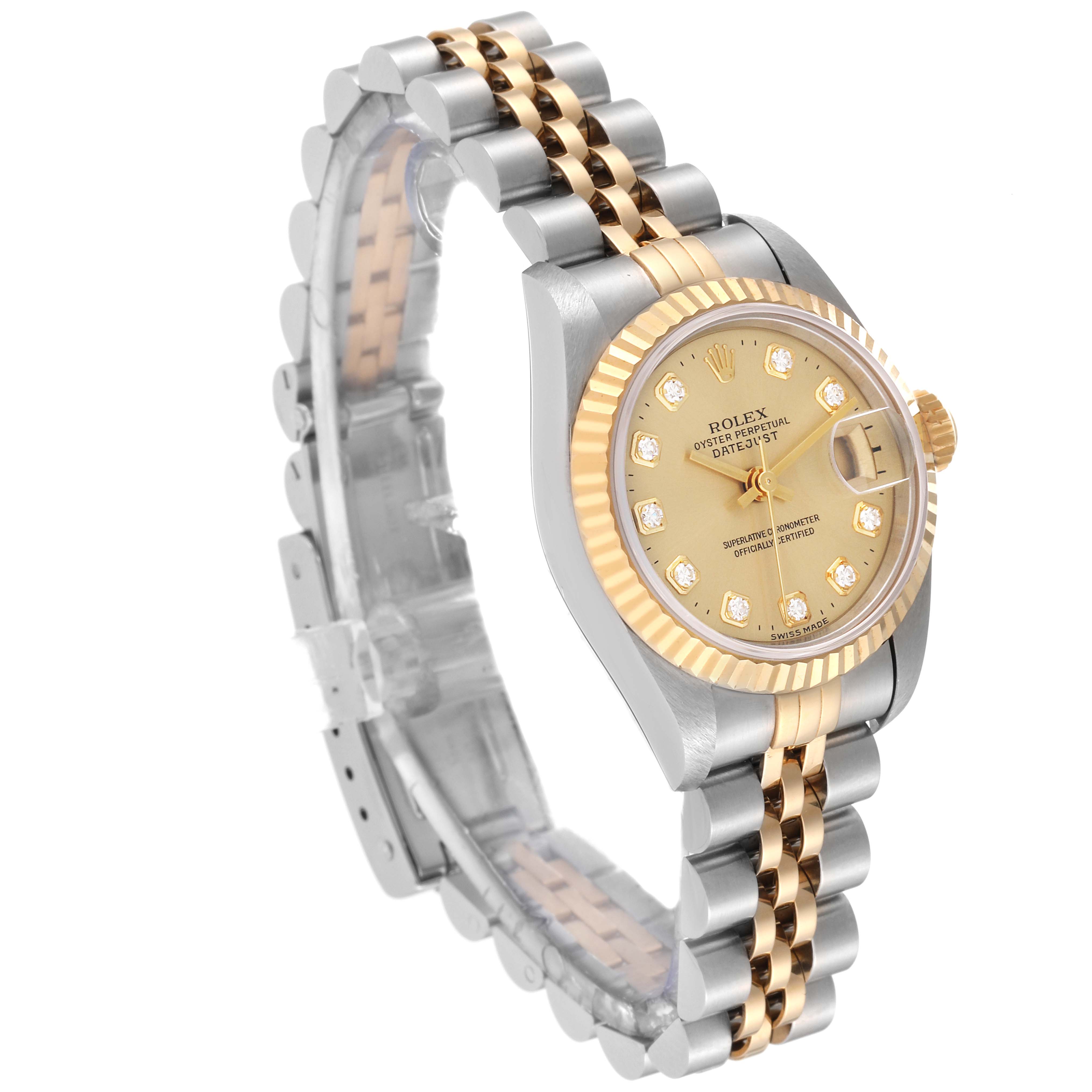 This image shows a Rolex Datejust 69173 Women's Steel and Gold (two tone) Champagne Dial 69173 Women's Steel and Gold (two tone) Champagne Dial watch at a slight angled view, featuring the face, bezel, and part of the bracelet.