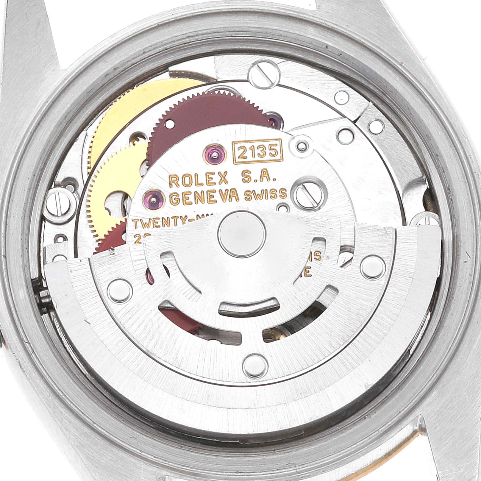 This image shows the movement and inner mechanism of a Rolex Datejust 69173 Women's Steel and Gold (two tone) Champagne Dial 69173 Women's Steel and Gold (two tone) Champagne Dial watch.