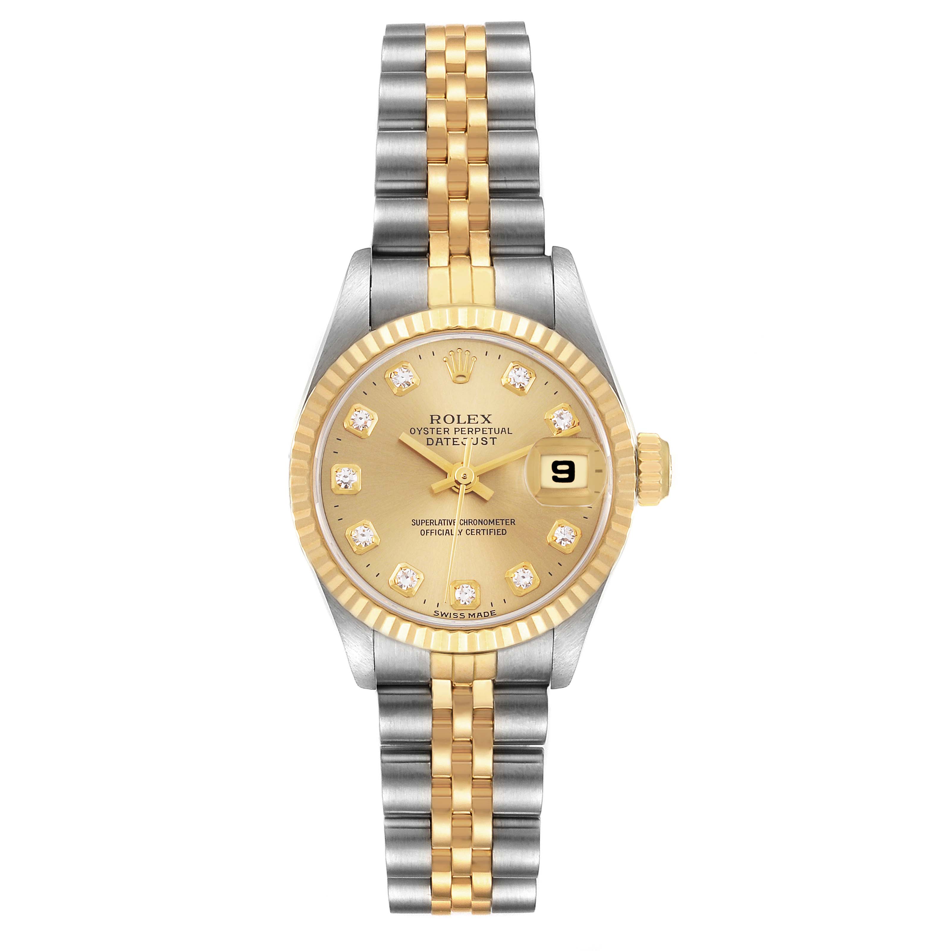The Rolex Datejust 69173 Women's Steel and Gold (two tone) Champagne Dial 69173 Women's Steel and Gold (two tone) Champagne Dial watch is shown from a top-down angle, displaying the face, bezel, and two-tone bracelet.