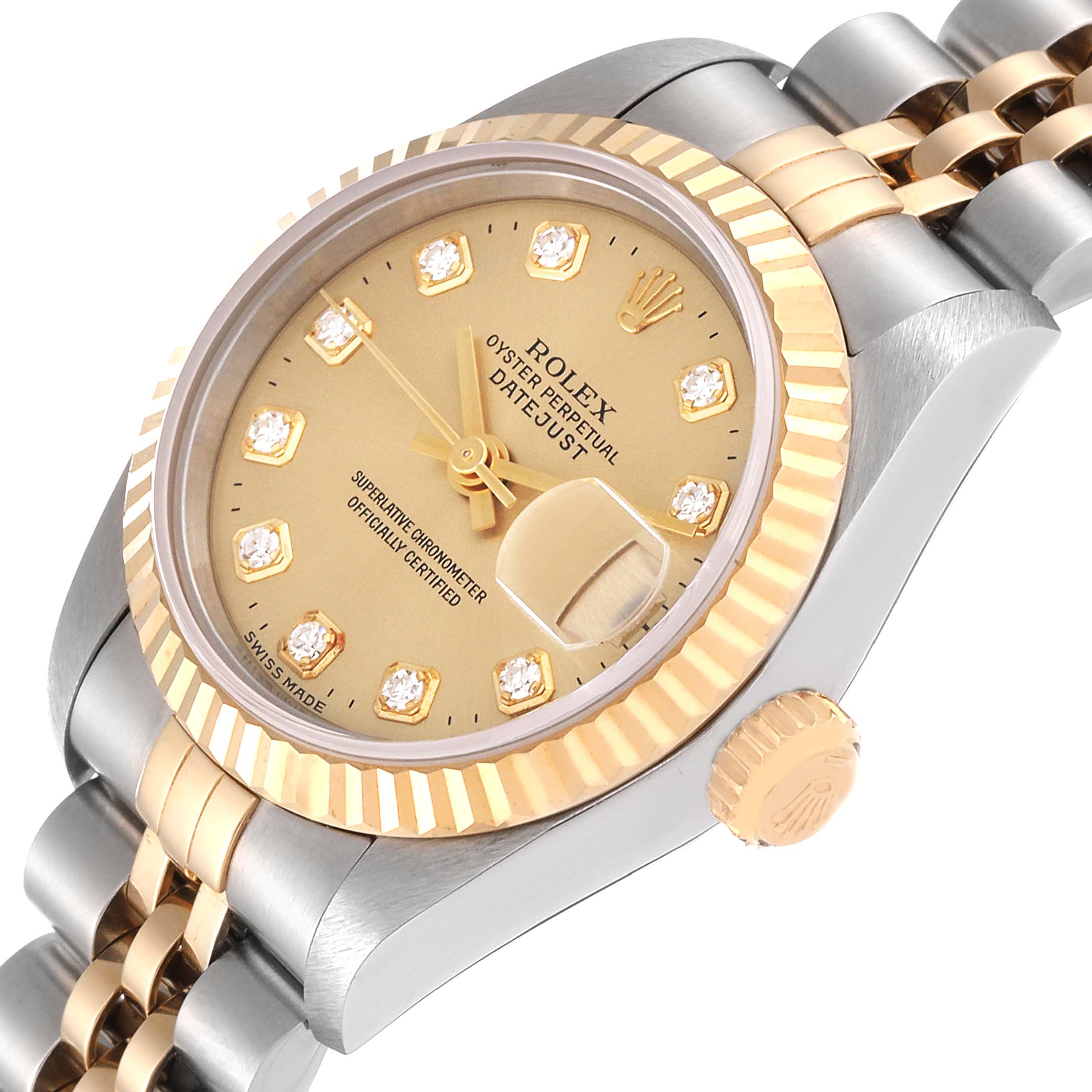 The image shows a Rolex Datejust 69173 Women's Steel and Gold (two tone) Champagne Dial 69173 Women's Steel and Gold (two tone) Champagne Dial watch from an angled view, highlighting its dial, bezel, and partially its bracelet.