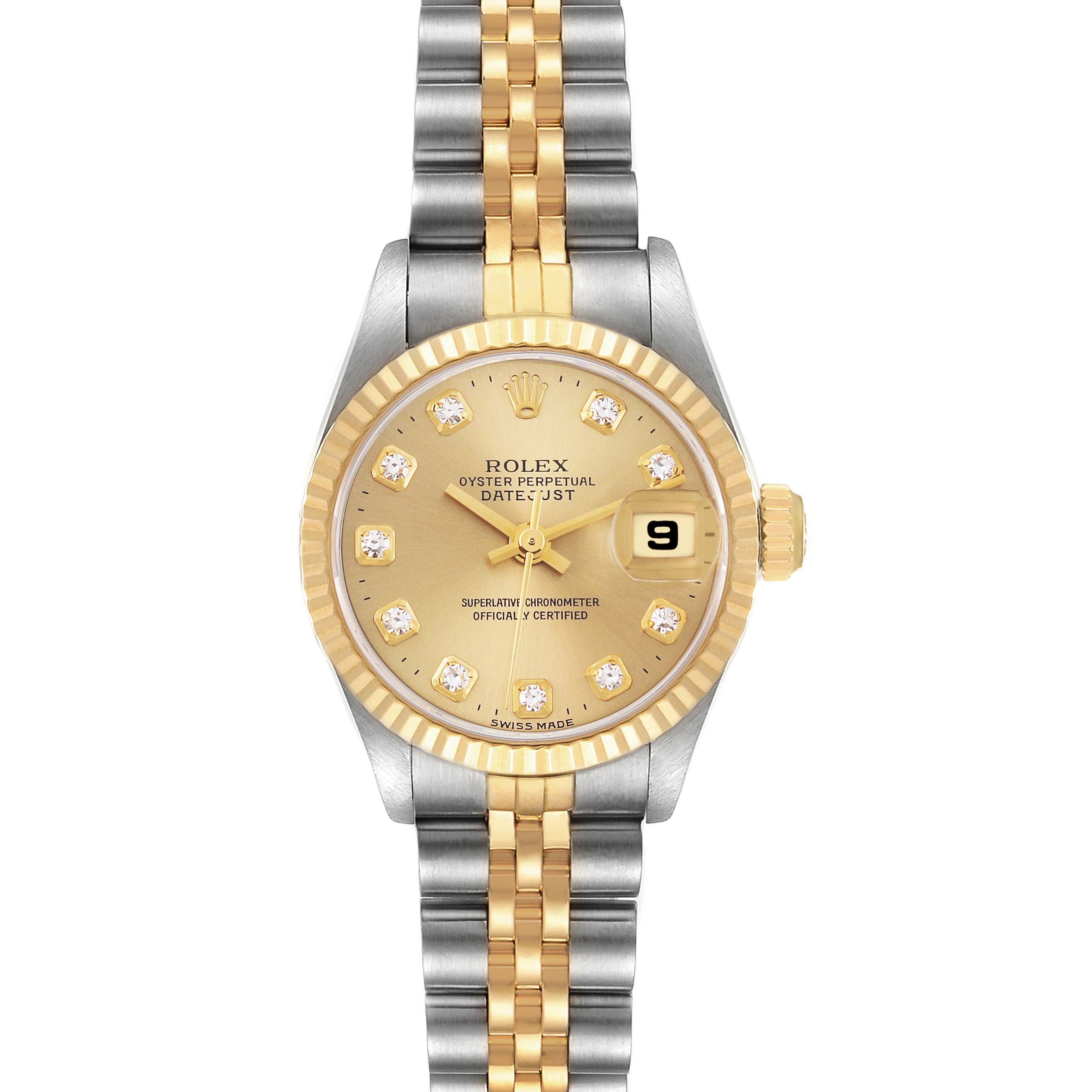 This image shows a front view of a Rolex Datejust 69173 Women's Steel and Gold (two tone) Champagne Dial 69173 Women's Steel and Gold (two tone) Champagne Dial watch featuring a two-tone bracelet, fluted bezel, and a date display.