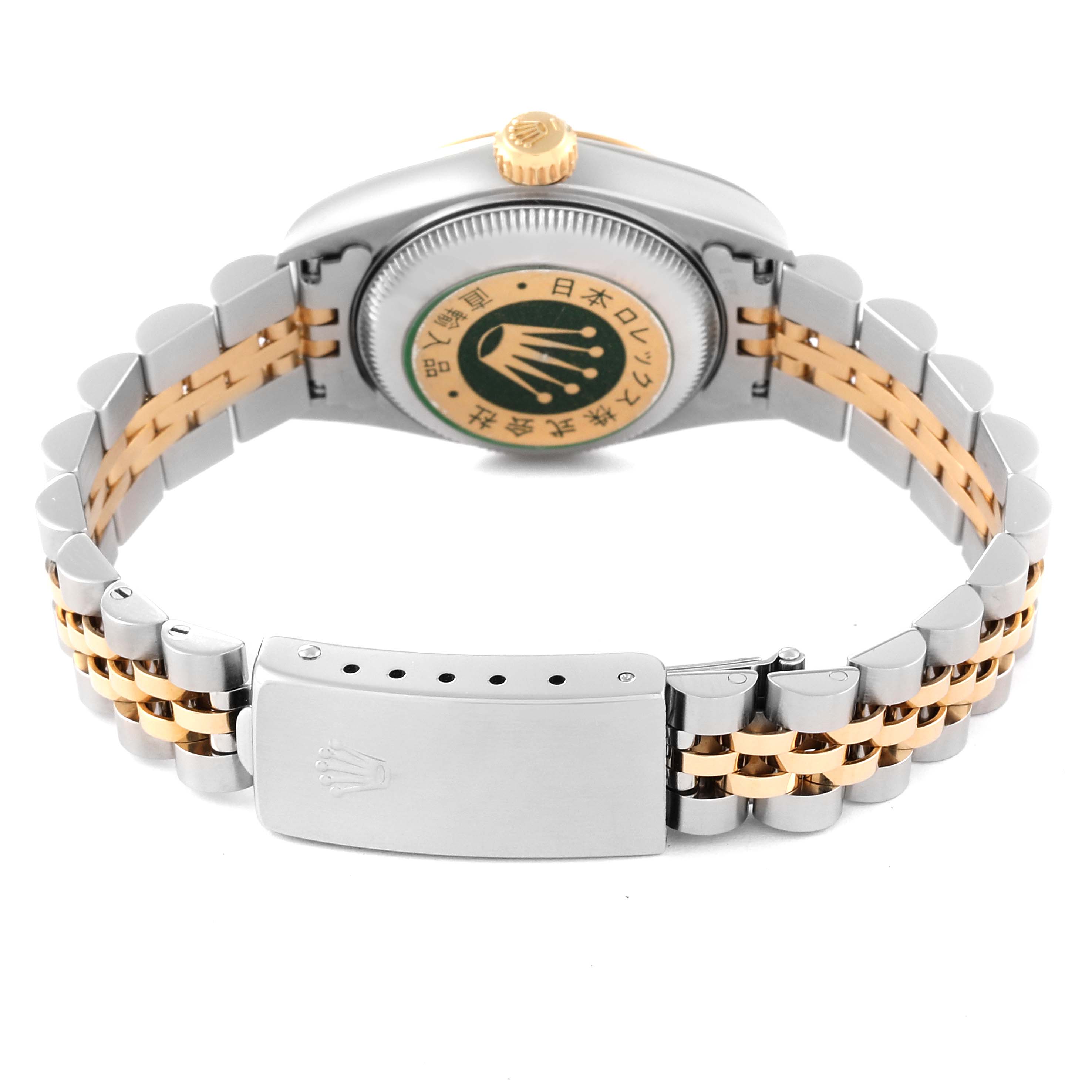 This image shows the back of a Rolex Datejust 69173 Women's Steel and Gold (two tone) Champagne Dial 69173 Women's Steel and Gold (two tone) Champagne Dial watch focusing on the bracelet and clasp.