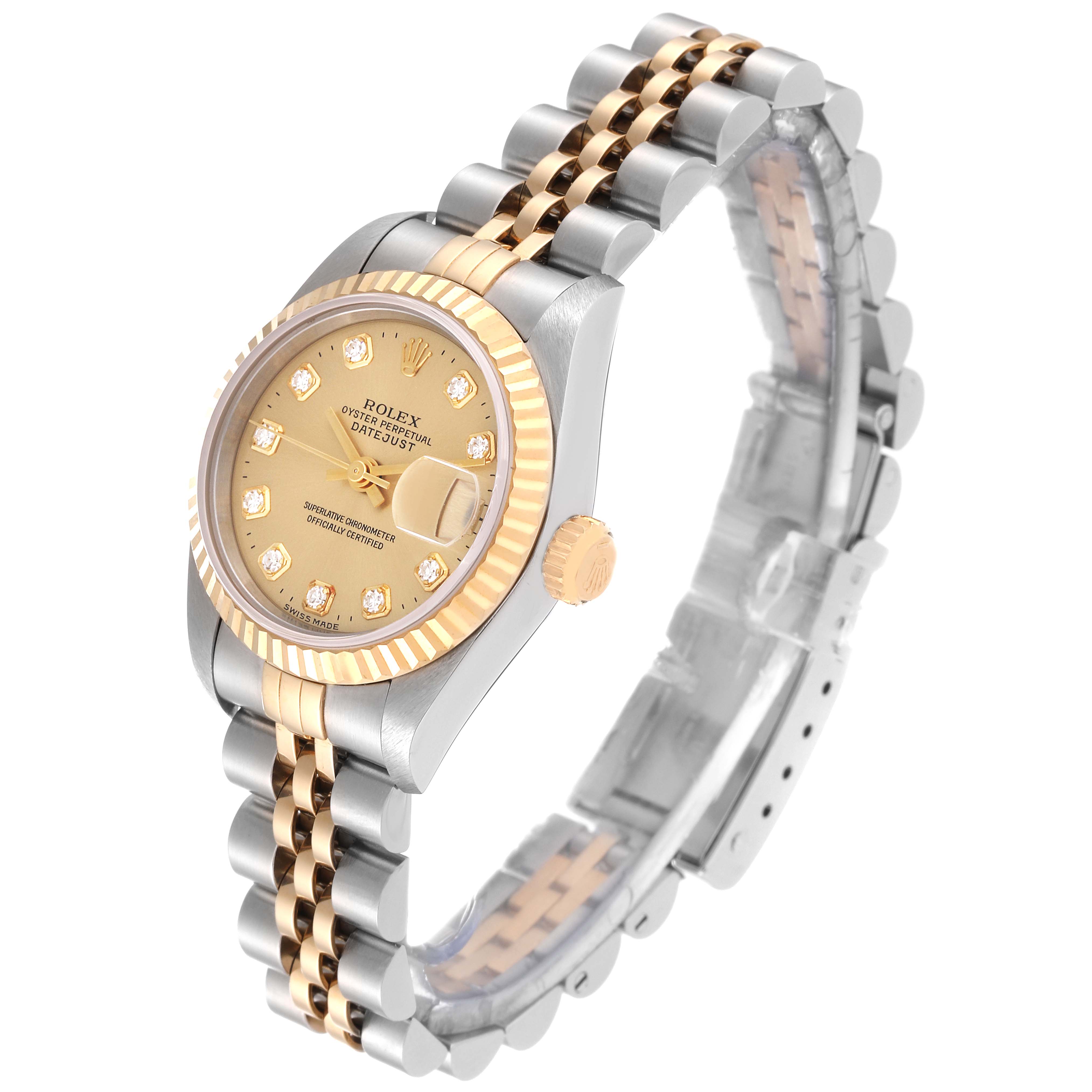 The Rolex Datejust 69173 Women's Steel and Gold (two tone) Champagne Dial 69173 Women's Steel and Gold (two tone) Champagne Dial watch is shown at an angled side view, showcasing its two-tone bracelet, dial, and fluted bezel.