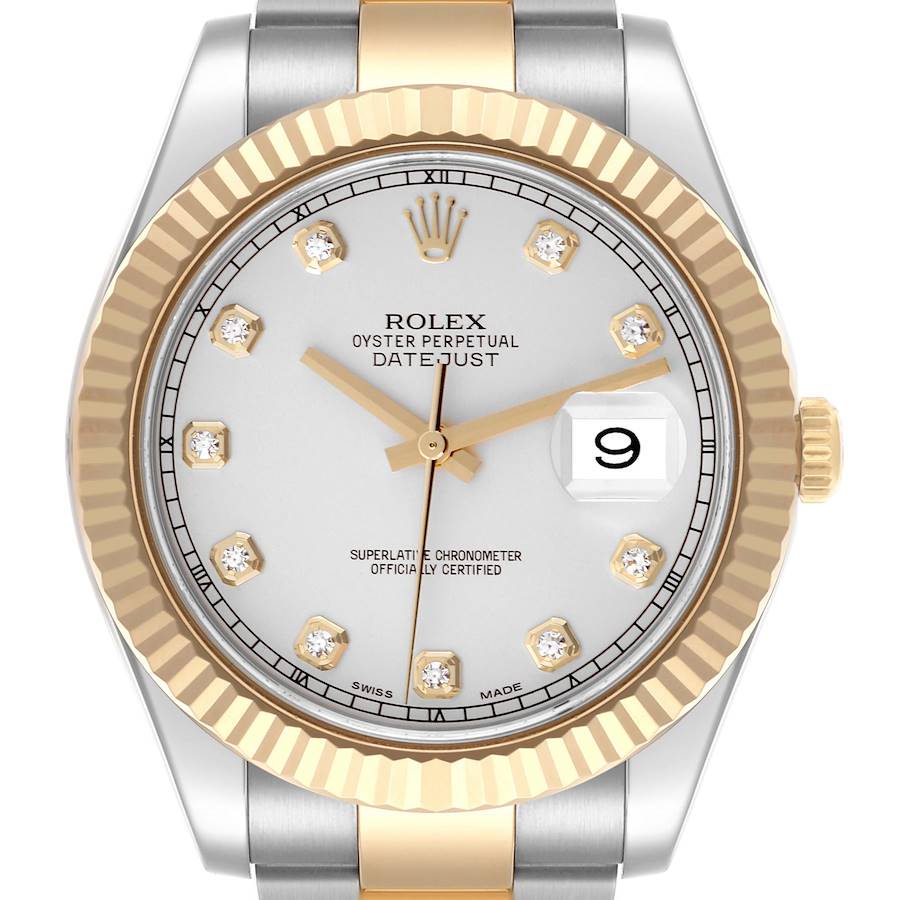 The image shows a Rolex Datejust 41 watch from a front angle, highlighting its fluted bezel and diamond hour markers.