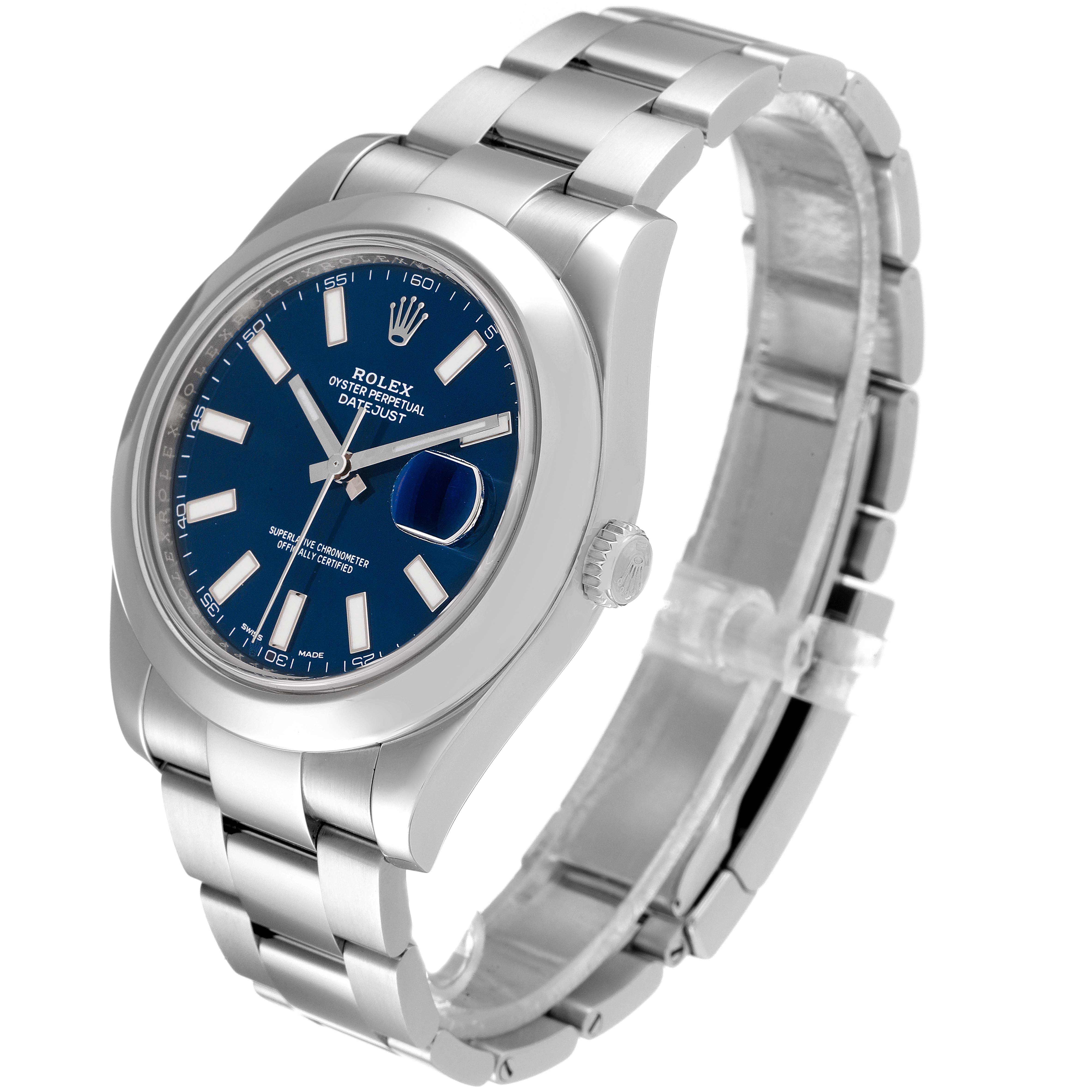 The image shows a side view of the Rolex Datejust 41 116300 Men
s Stainless Steel Blue Dial 116300 Men
s Stainless Steel Blue Dial watch, highlighting its blue dial, bezel, bracelet, and crown.