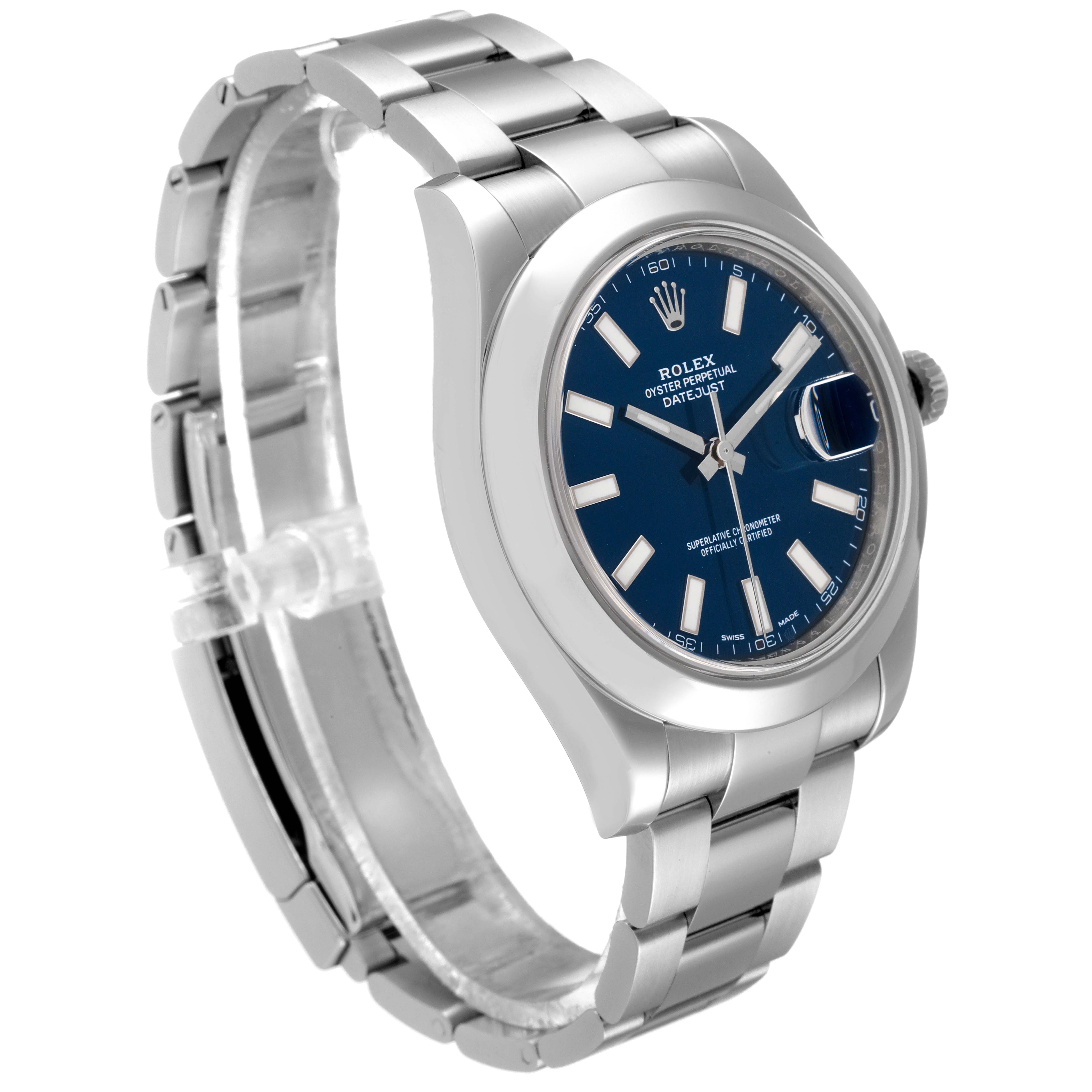 The image depicts a Rolex Datejust 41 116300 Men
s Stainless Steel Blue Dial 116300 Men
s Stainless Steel Blue Dial watch from an angled view, showcasing its blue dial, bracelet, and bezel.