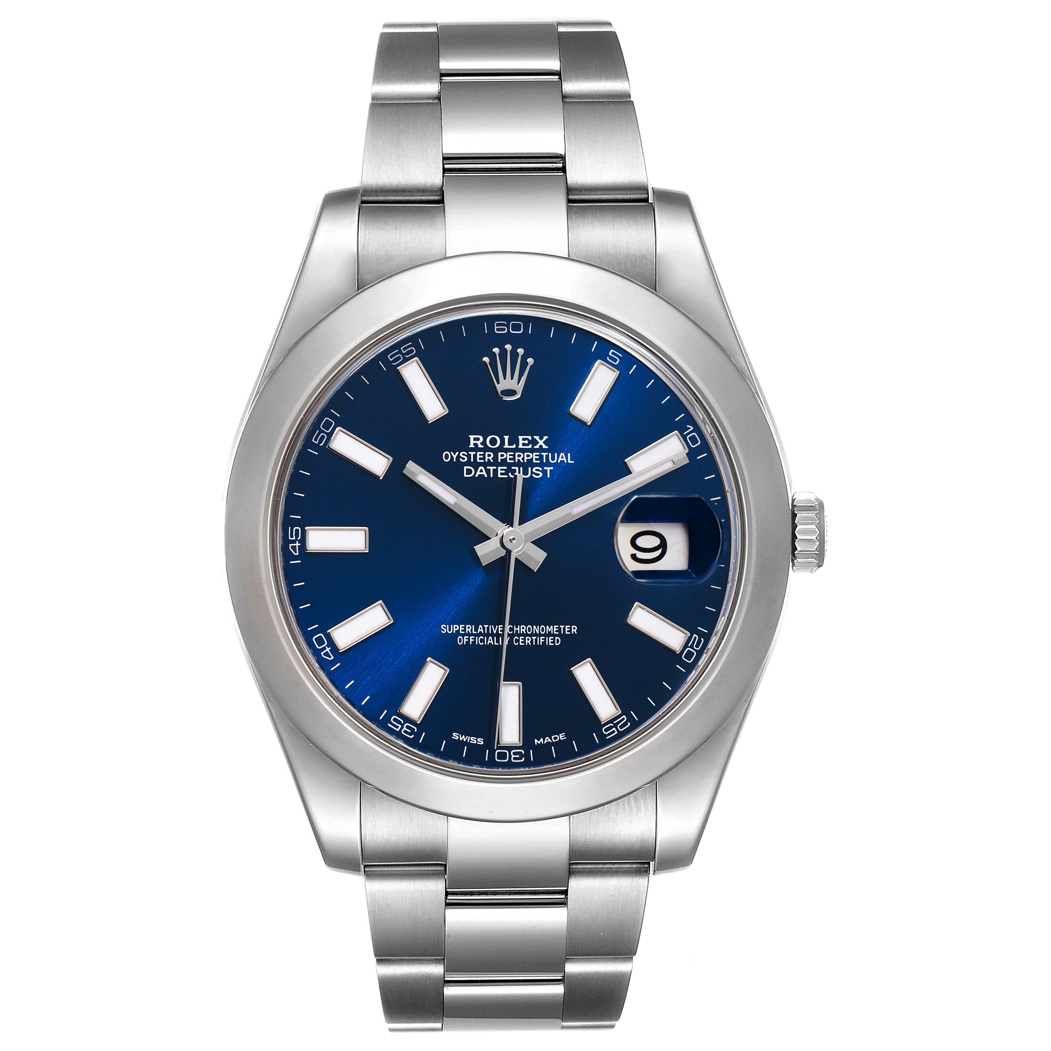 The image shows a frontal view of the Rolex Datejust 41 116300 Men
s Stainless Steel Blue Dial 116300 Men
s Stainless Steel Blue Dial, highlighting its blue dial, date window, and stainless steel bracelet.