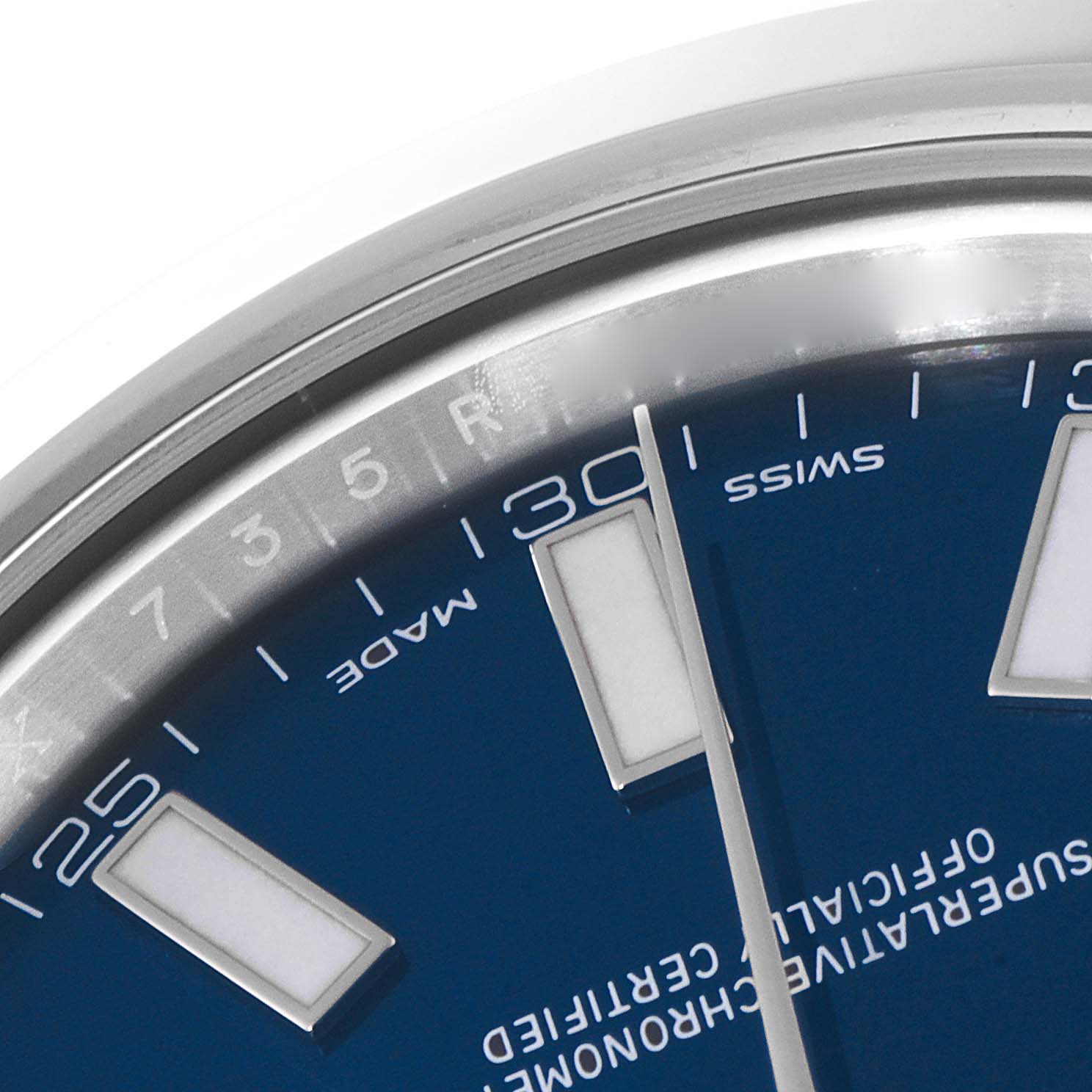 This image displays a close-up of the dial and the minute hand at an angle for the Rolex Datejust 41 116300 Men
s Stainless Steel Blue Dial 116300 Men
s Stainless Steel Blue Dial model.
