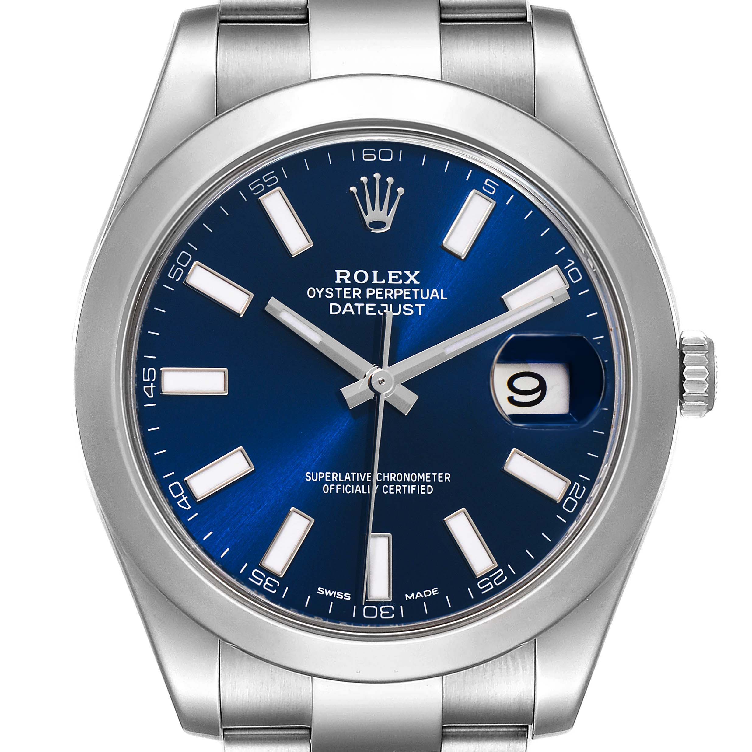 This image shows a front view of the Rolex Datejust 41 116300 Men
s Stainless Steel Blue Dial 116300 Men
s Stainless Steel Blue Dial, featuring a blue dial with a date window at 3 o
clock and silver hour markers.
