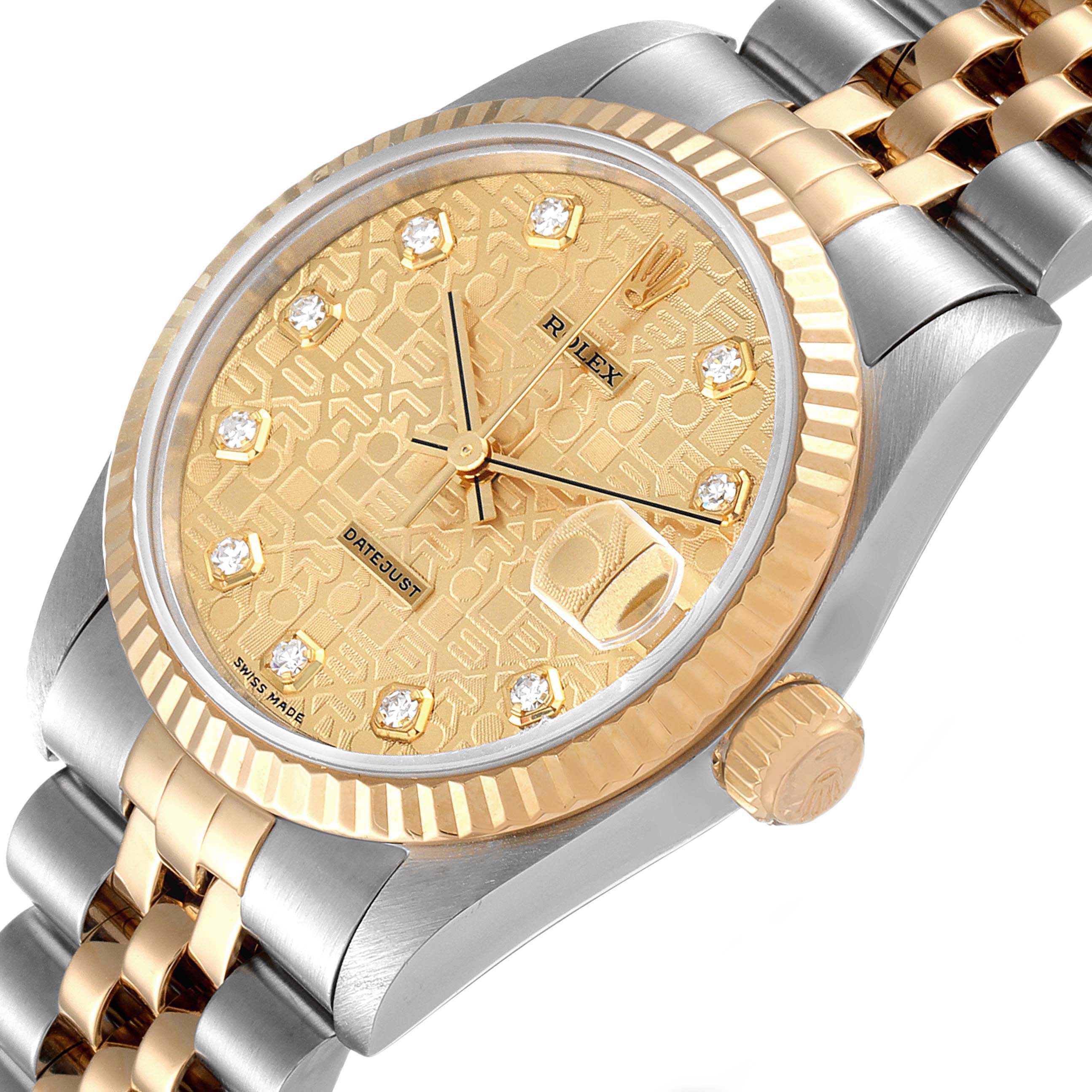 This image shows an angled close-up of a Rolex Mid-Size 68273 Women's Steel and Gold (two tone) Champagne Dial 68273 Women's Steel and Gold (two tone) Champagne Dial watch, highlighting the dial, bezel, crown, and part of the bracelet.