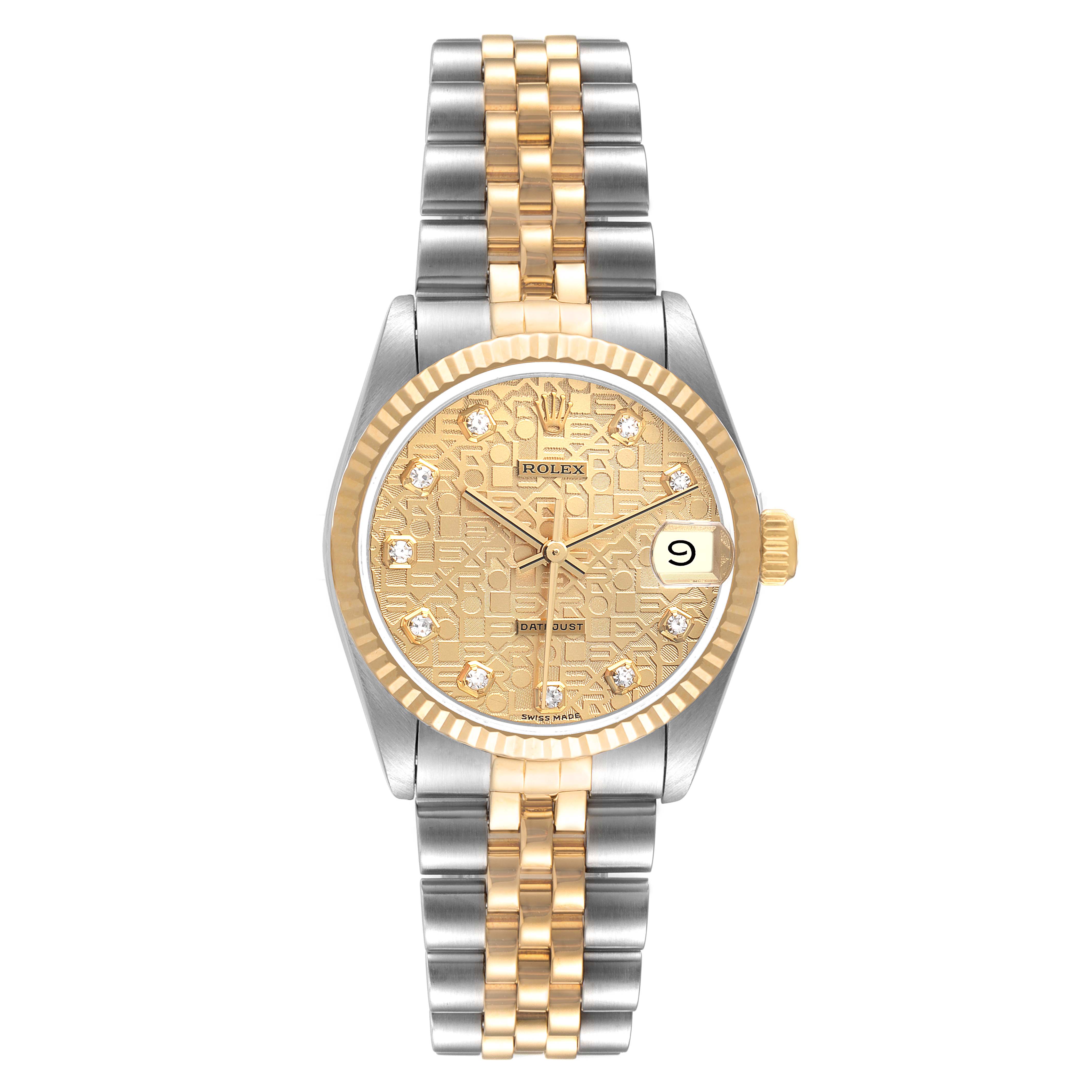 This image shows a front view of a Mid-Size Rolex watch, featuring a two-tone bracelet and a gold patterned dial with diamond hour markers.