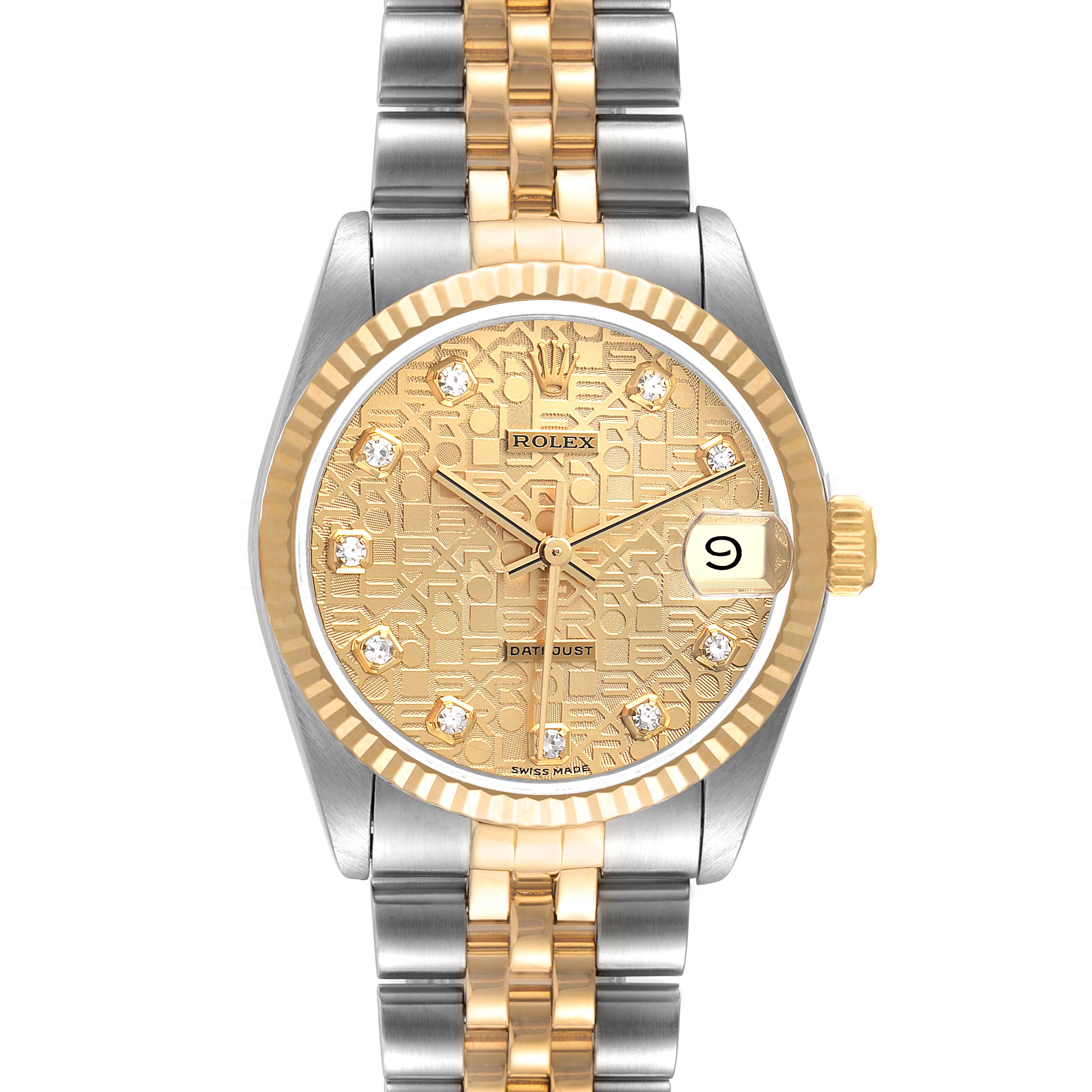 The image shows a front view of a Rolex Mid-Size 68273 Women's Steel and Gold (two tone) Champagne Dial 68273 Women's Steel and Gold (two tone) Champagne Dial model watch featuring a gold and stainless steel bracelet and a diamond-accented dial.