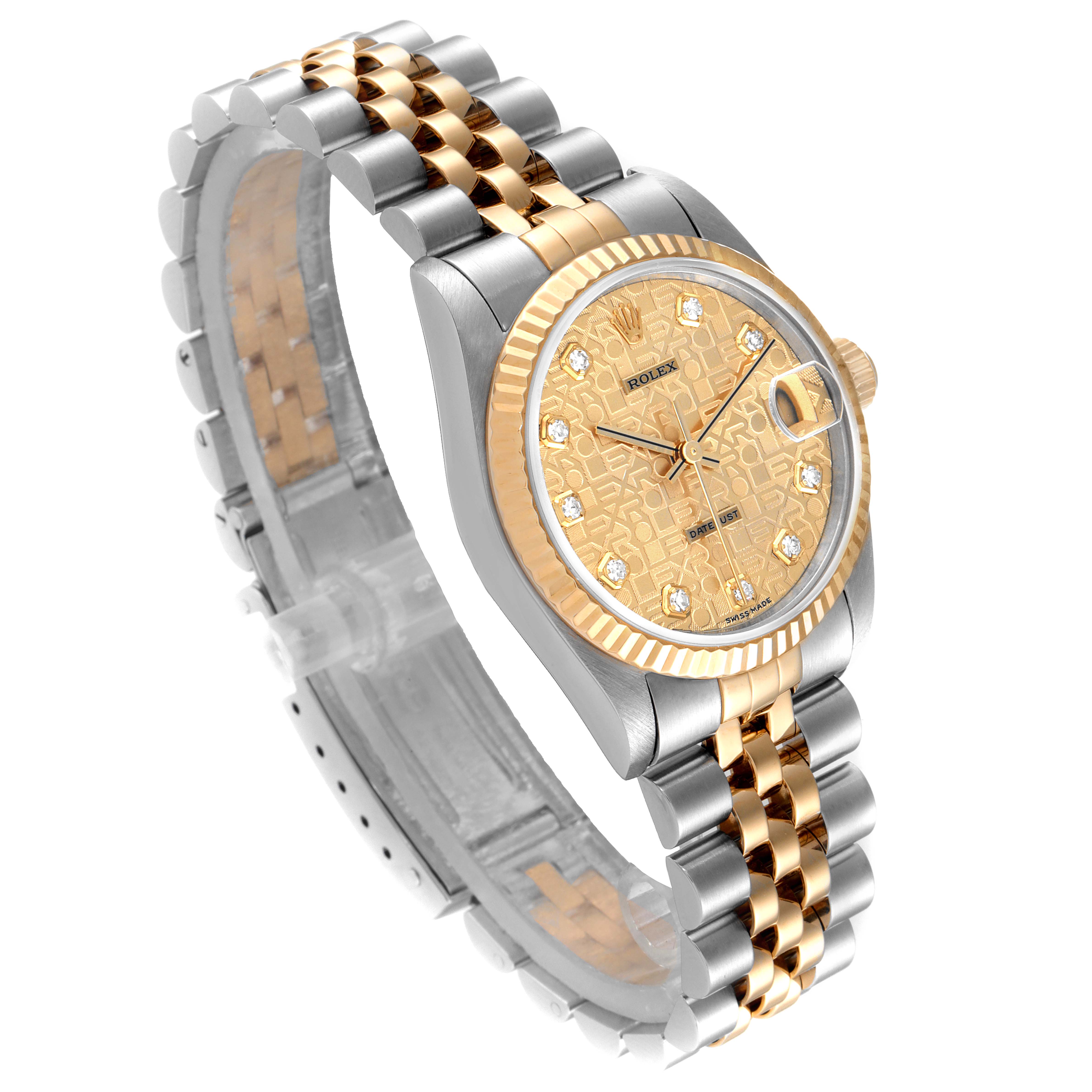 The image shows an angled view of a Rolex Mid-Size 68273 Women's Steel and Gold (two tone) Champagne Dial 68273 Women's Steel and Gold (two tone) Champagne Dial model watch, highlighting the two-tone bracelet, dial, and case.