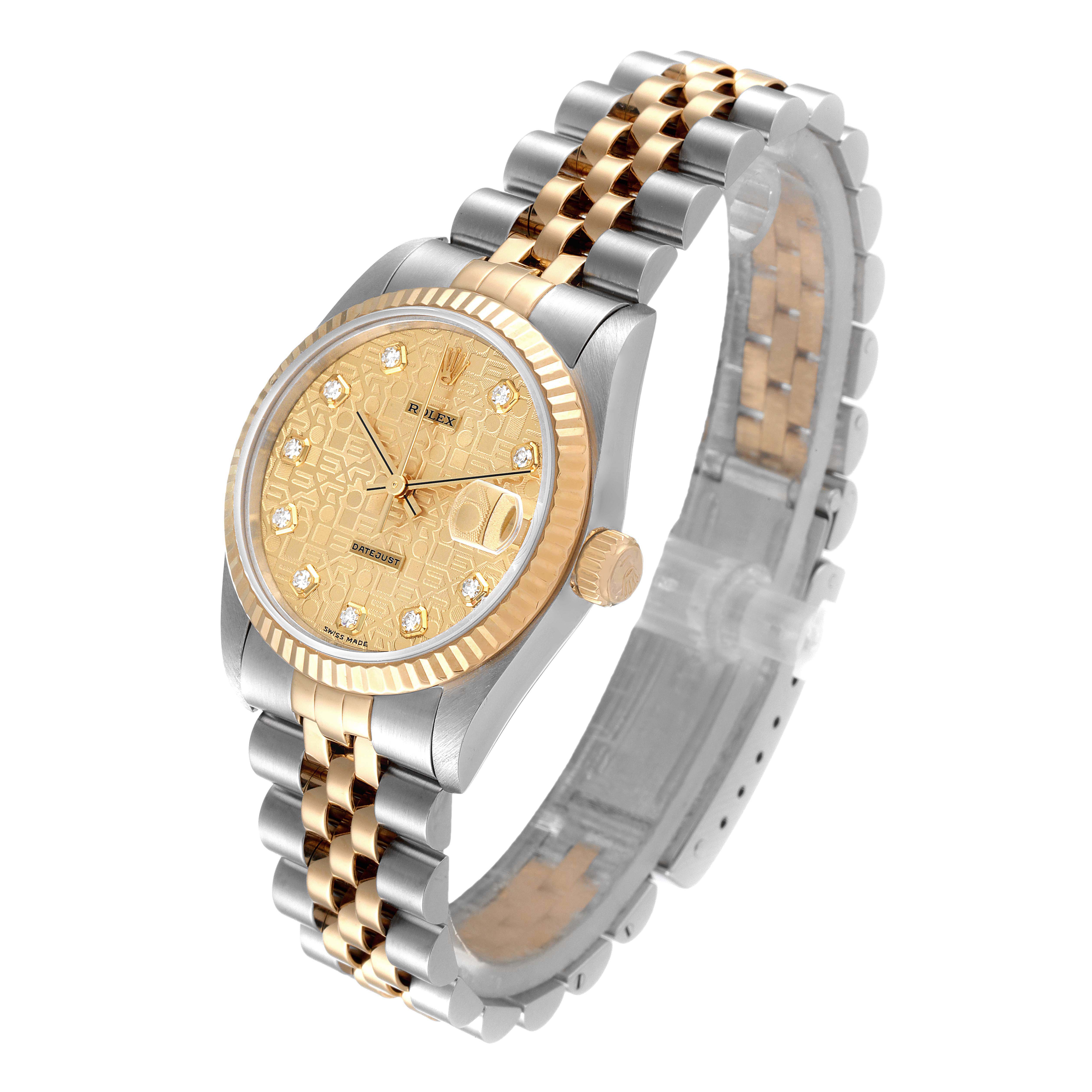 The Rolex Mid-Size 68273 Women's Steel and Gold (two tone) Champagne Dial 68273 Women's Steel and Gold (two tone) Champagne Dial model watch is shown from an angled perspective, displaying its face, case, crown, and two-tone bracelet.